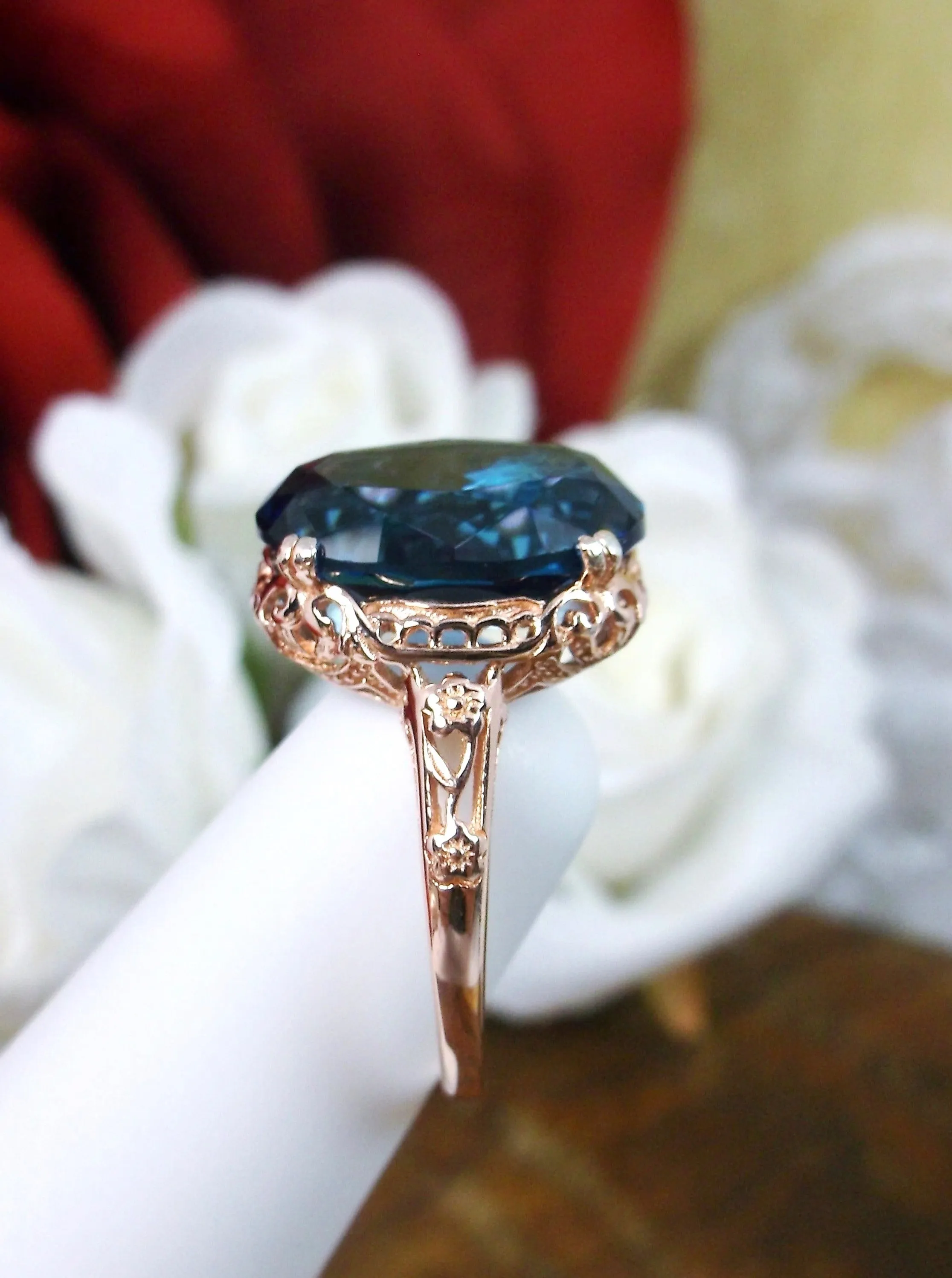Natural London Blue Topaz Ring, 10k, 14k, or Rose Gold overlay, Natural Topaz, Edwardian Jewelry #D70