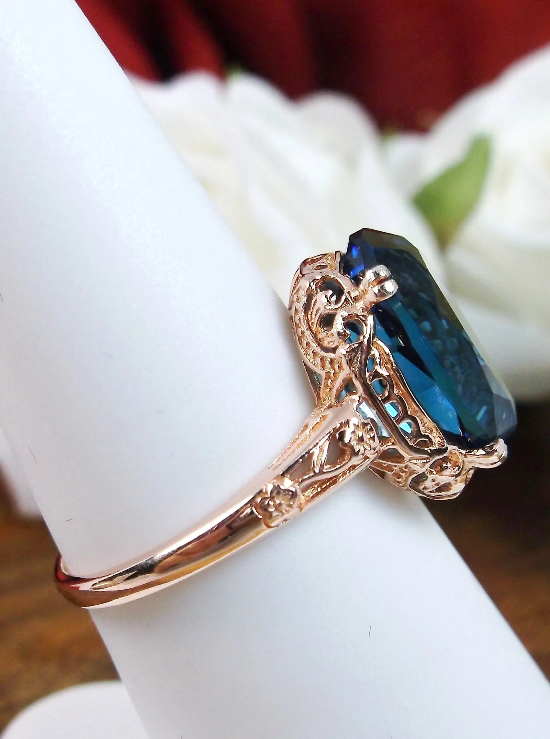 Natural London Blue Topaz Ring, 10k, 14k, or Rose Gold overlay, Natural Topaz, Edwardian Jewelry #D70
