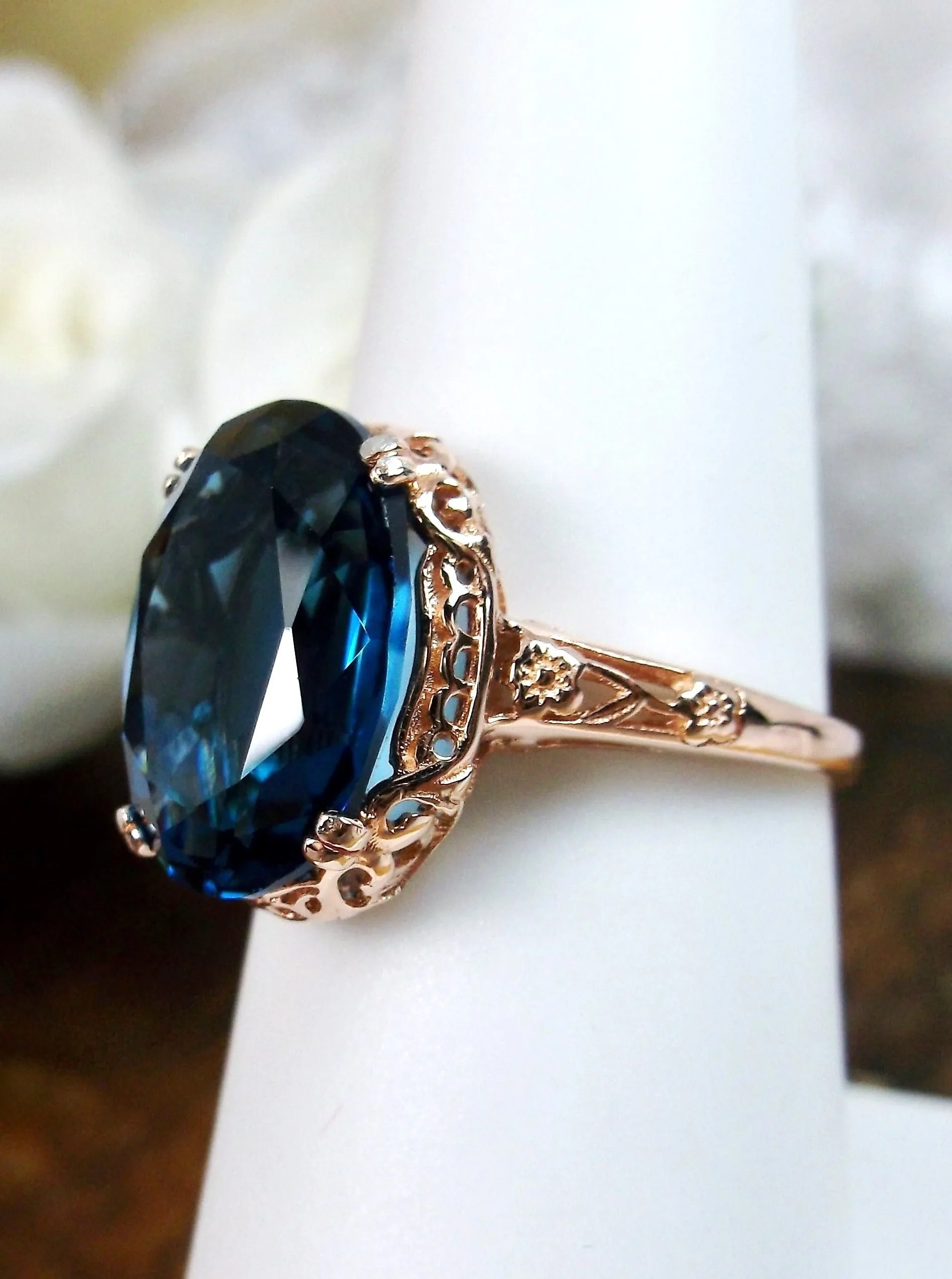 Natural London Blue Topaz Ring, 10k, 14k, or Rose Gold overlay, Natural Topaz, Edwardian Jewelry #D70
