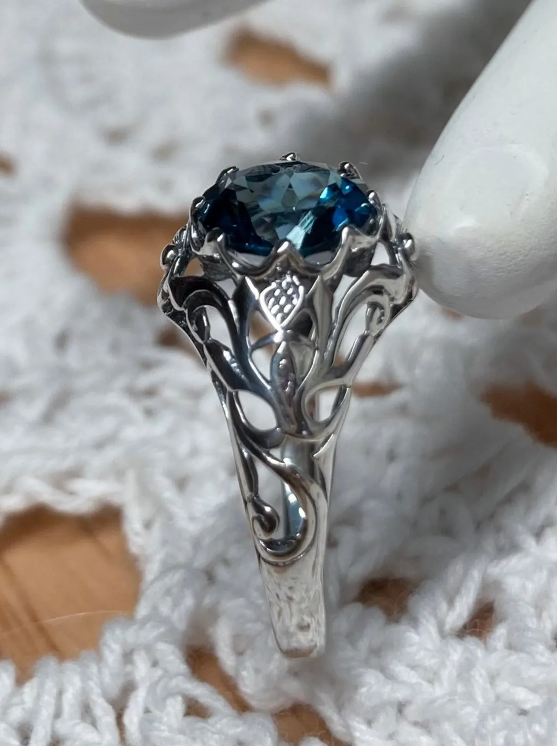 Natural London Blue Topaz Ring, Daisy Filigree Victorian Jewelry #D66