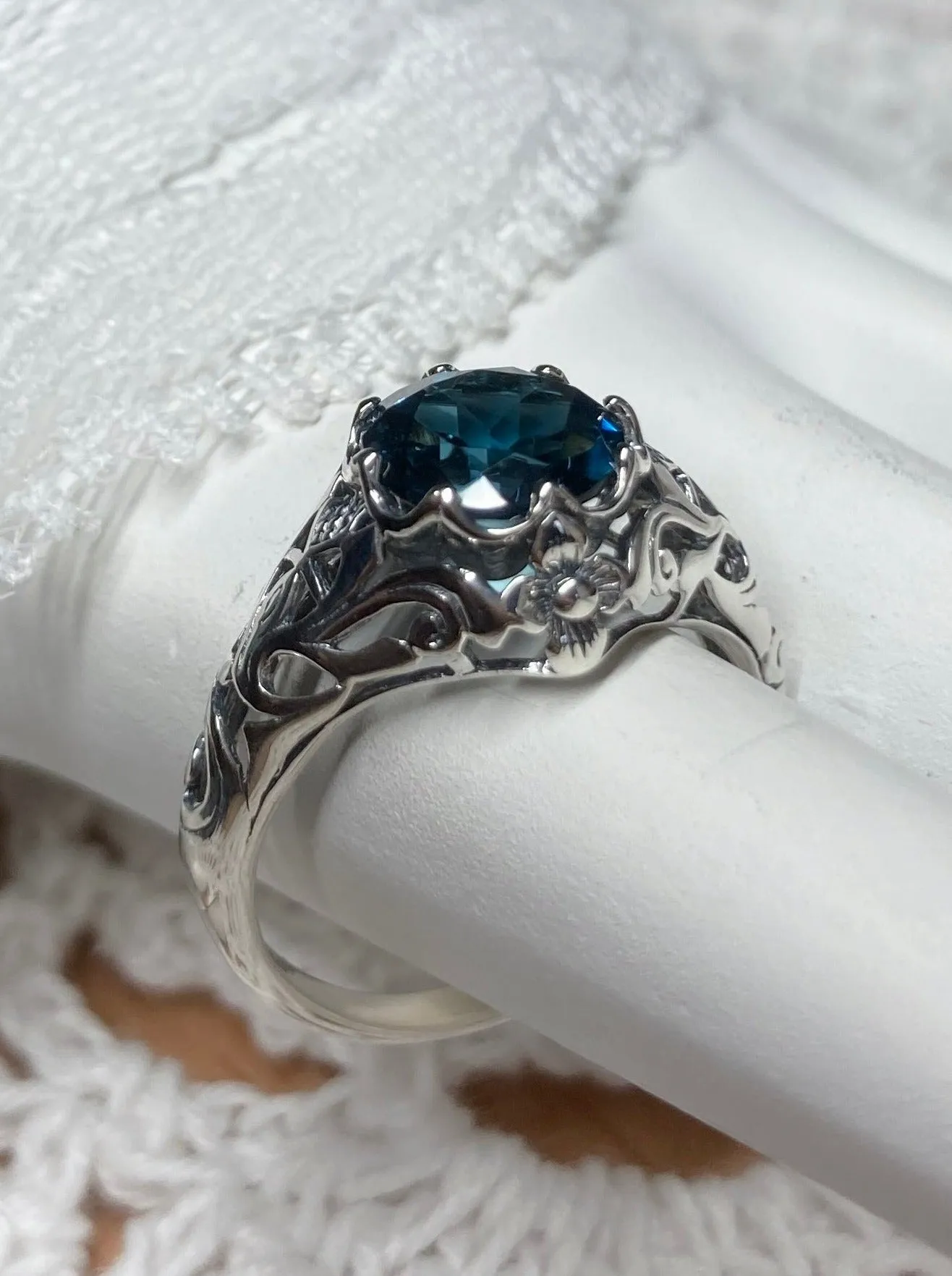 Natural London Blue Topaz Ring, Daisy Filigree Victorian Jewelry #D66