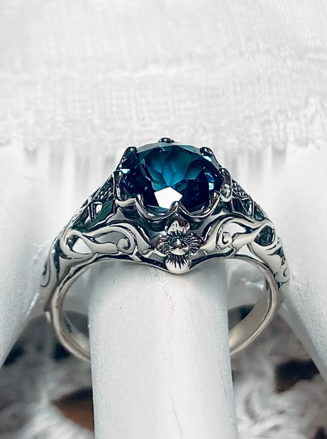 Natural London Blue Topaz Ring, Daisy Filigree Victorian Jewelry #D66