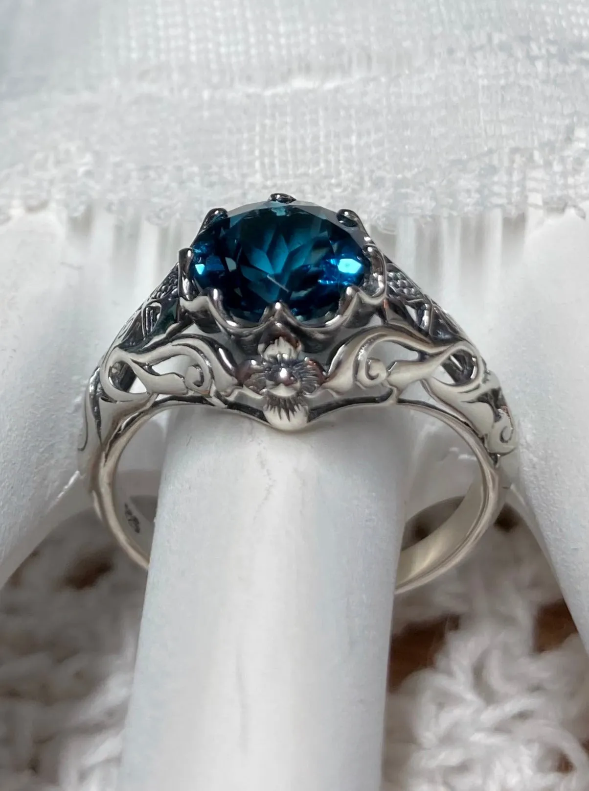 Natural London Blue Topaz Ring, Daisy Filigree Victorian Jewelry #D66