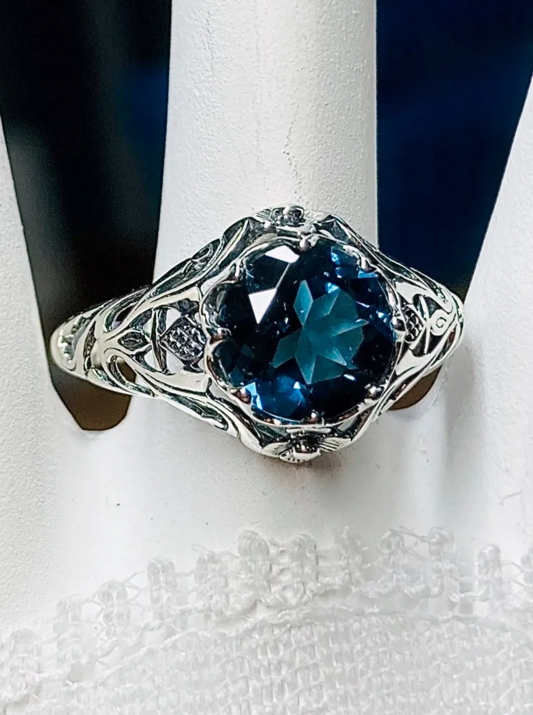 Natural London Blue Topaz Ring, Daisy Filigree Victorian Jewelry #D66