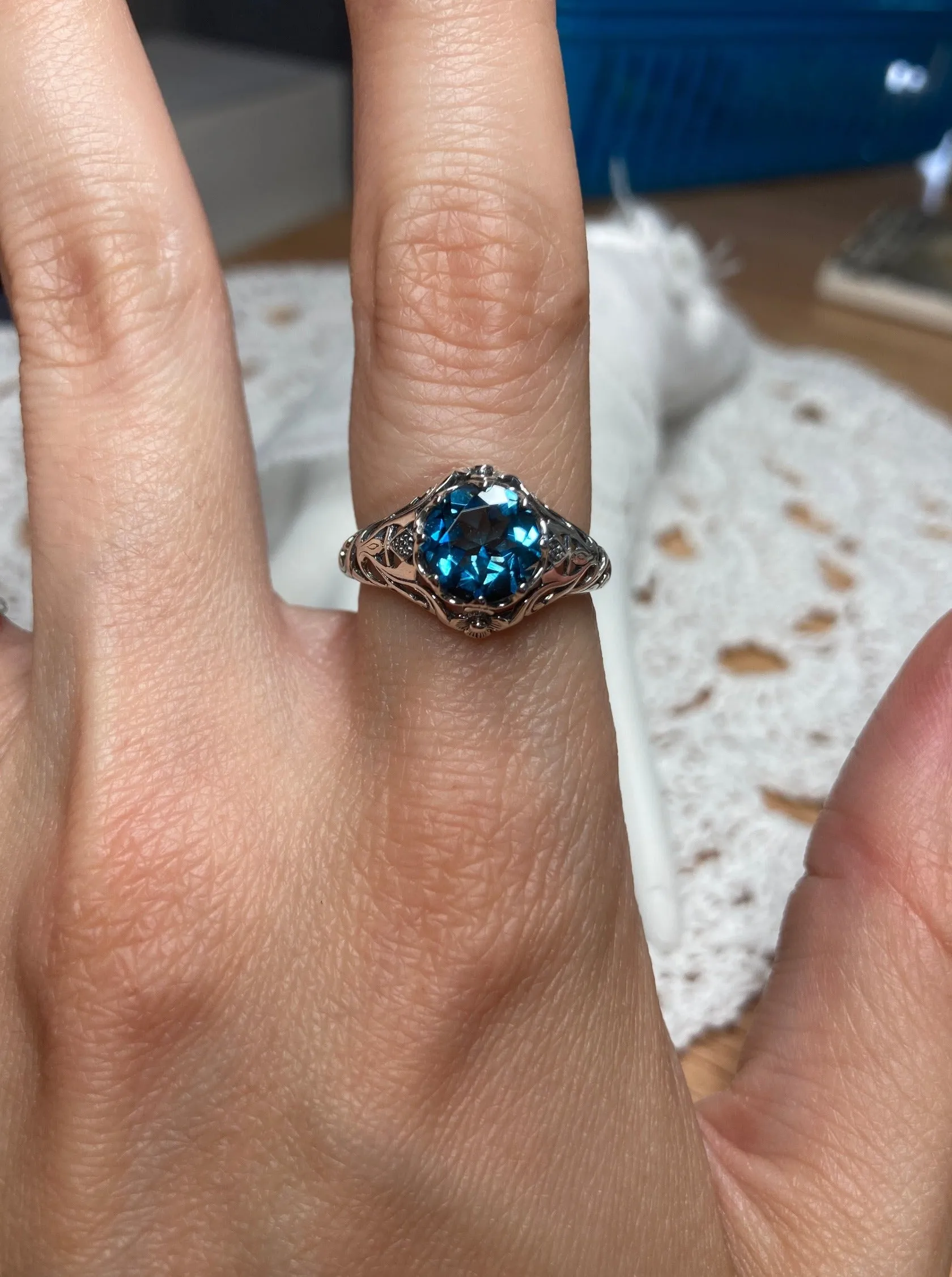 Natural London Blue Topaz Ring, Daisy Filigree Victorian Jewelry #D66
