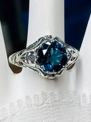 Natural London Blue Topaz Ring, Daisy Filigree Victorian Jewelry #D66