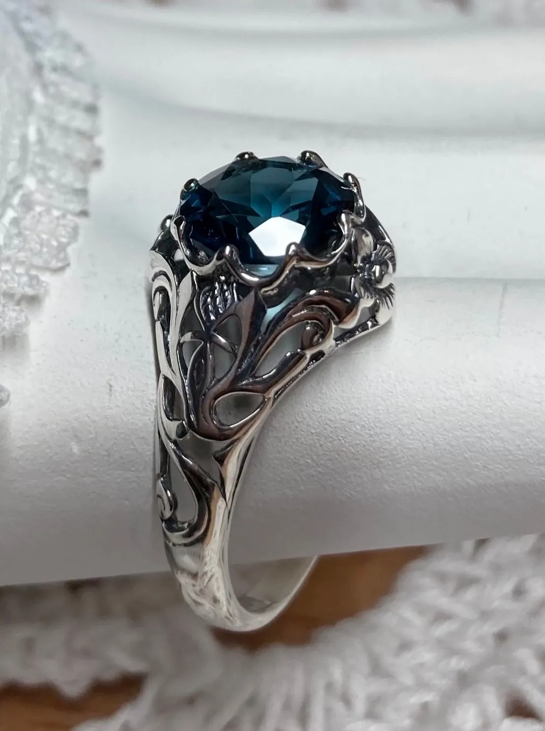 Natural London Blue Topaz Ring, Daisy Filigree Victorian Jewelry #D66