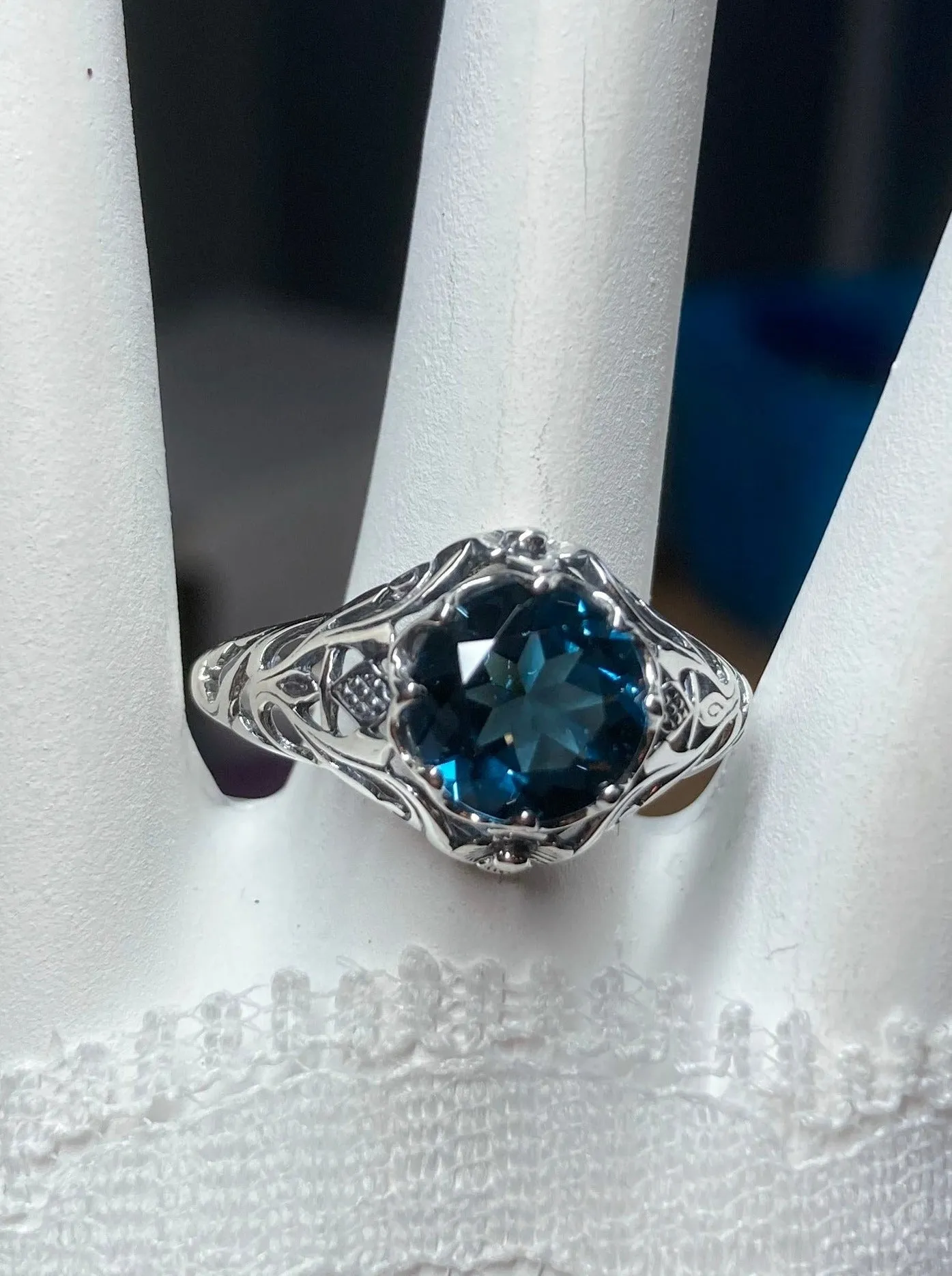 Natural London Blue Topaz Ring, Daisy Filigree Victorian Jewelry #D66