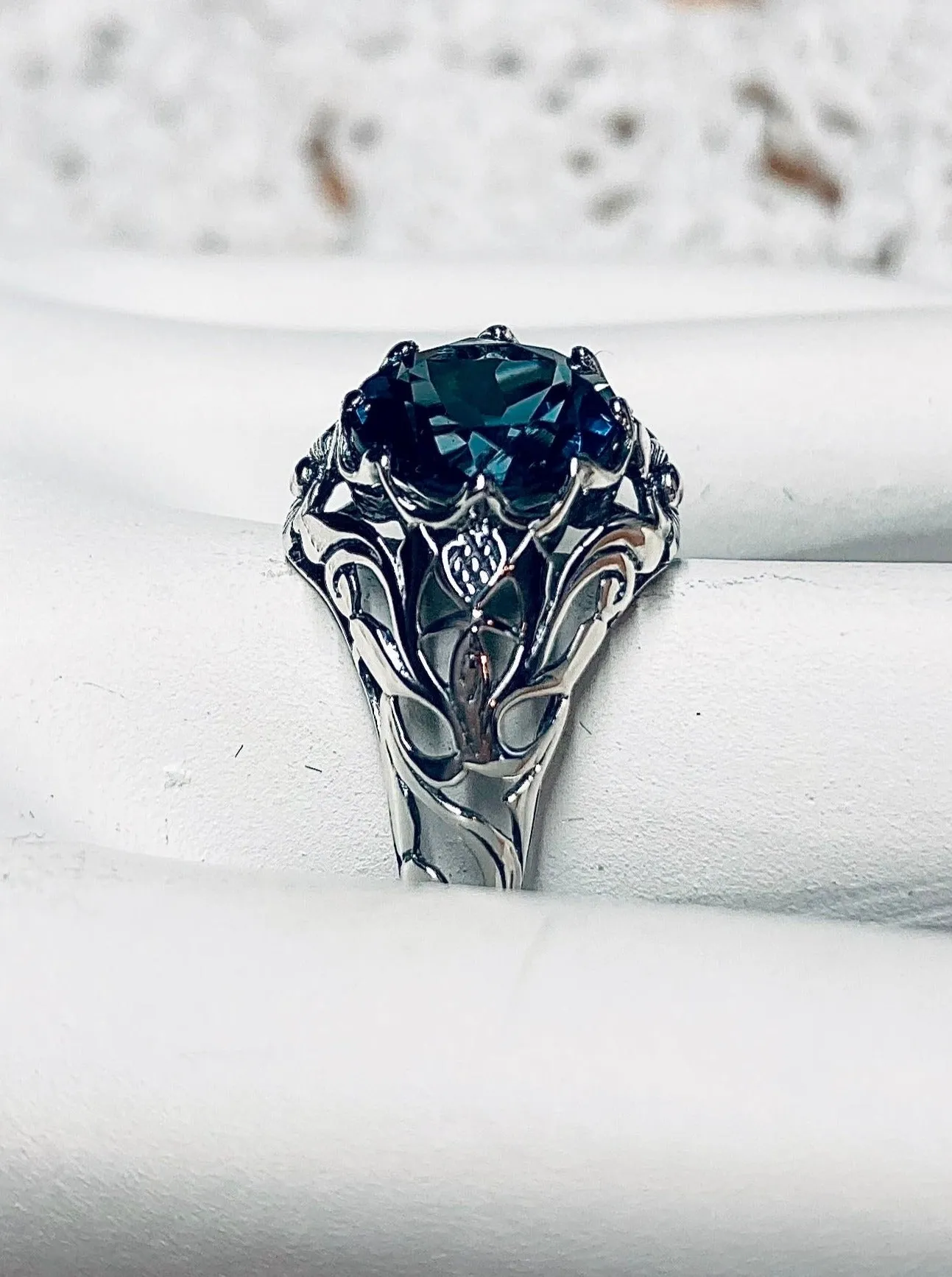 Natural London Blue Topaz Ring, Daisy Filigree Victorian Jewelry #D66