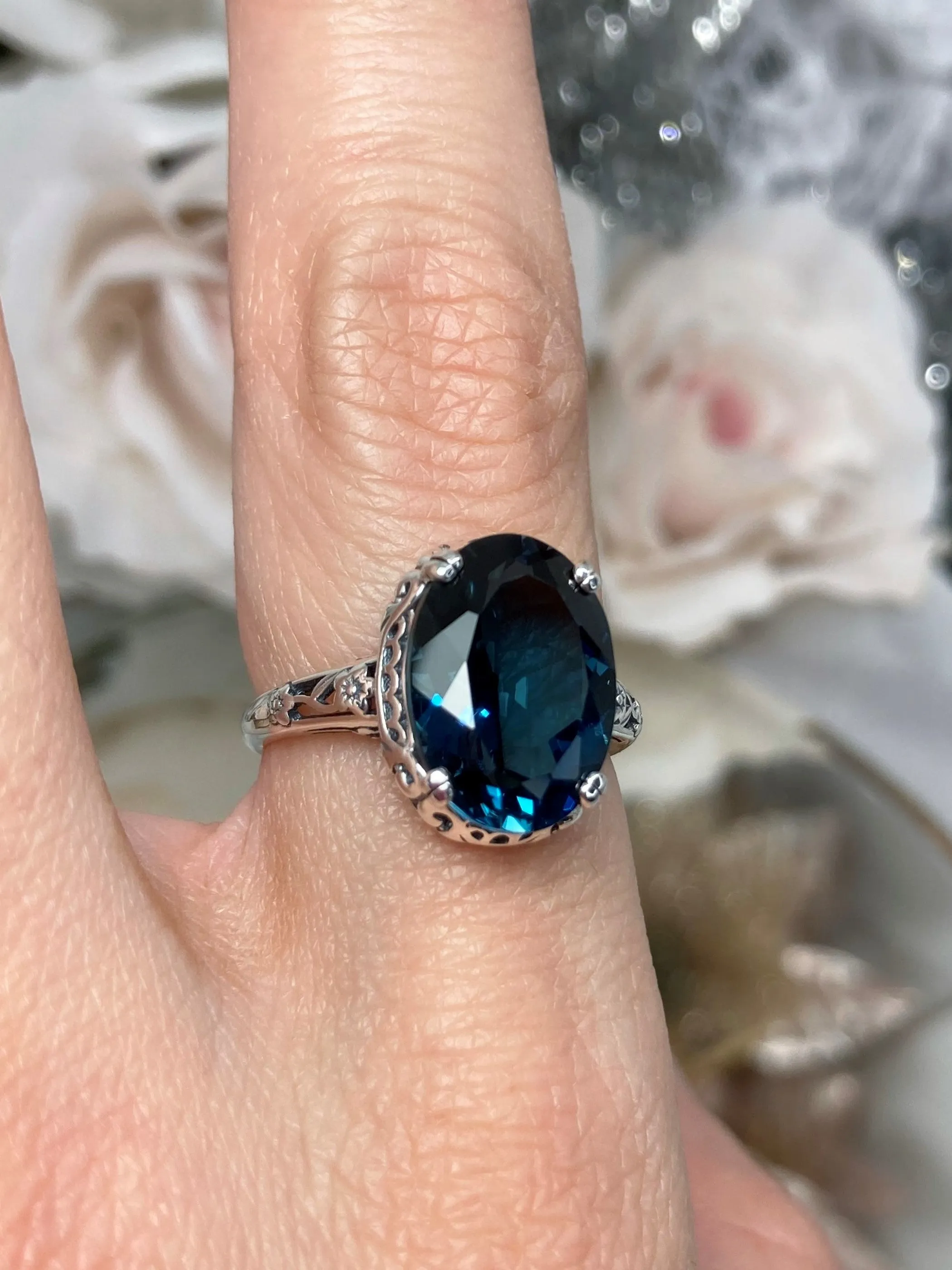 Natural London Blue Topaz Ring, Natural Topaz, Edwardian Antique Reproduction Jewelry #D70