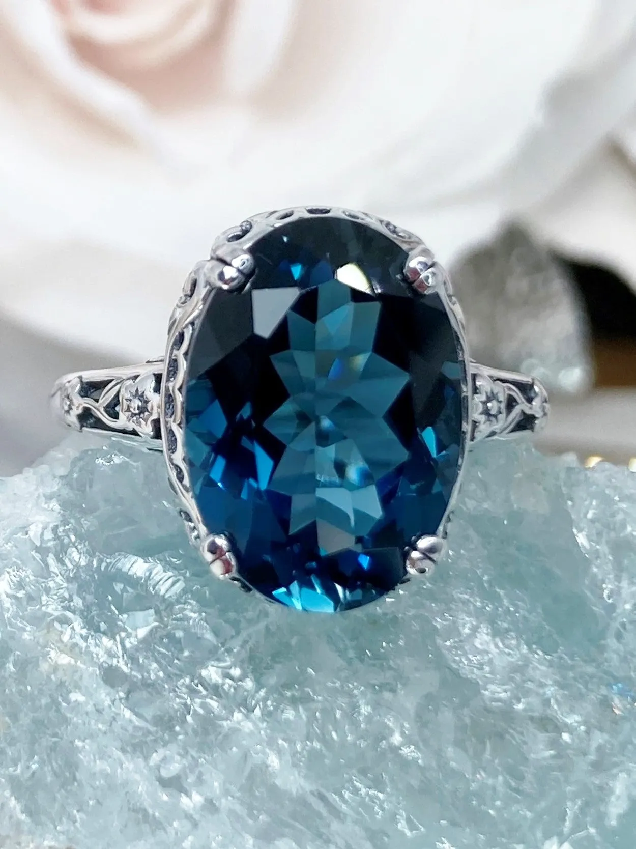 Natural London Blue Topaz Ring, Natural Topaz, Edwardian Antique Reproduction Jewelry #D70