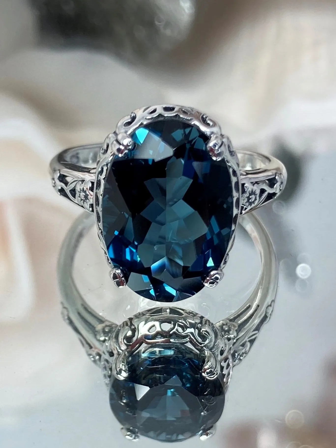 Natural London Blue Topaz Ring, Natural Topaz, Edwardian Antique Reproduction Jewelry #D70