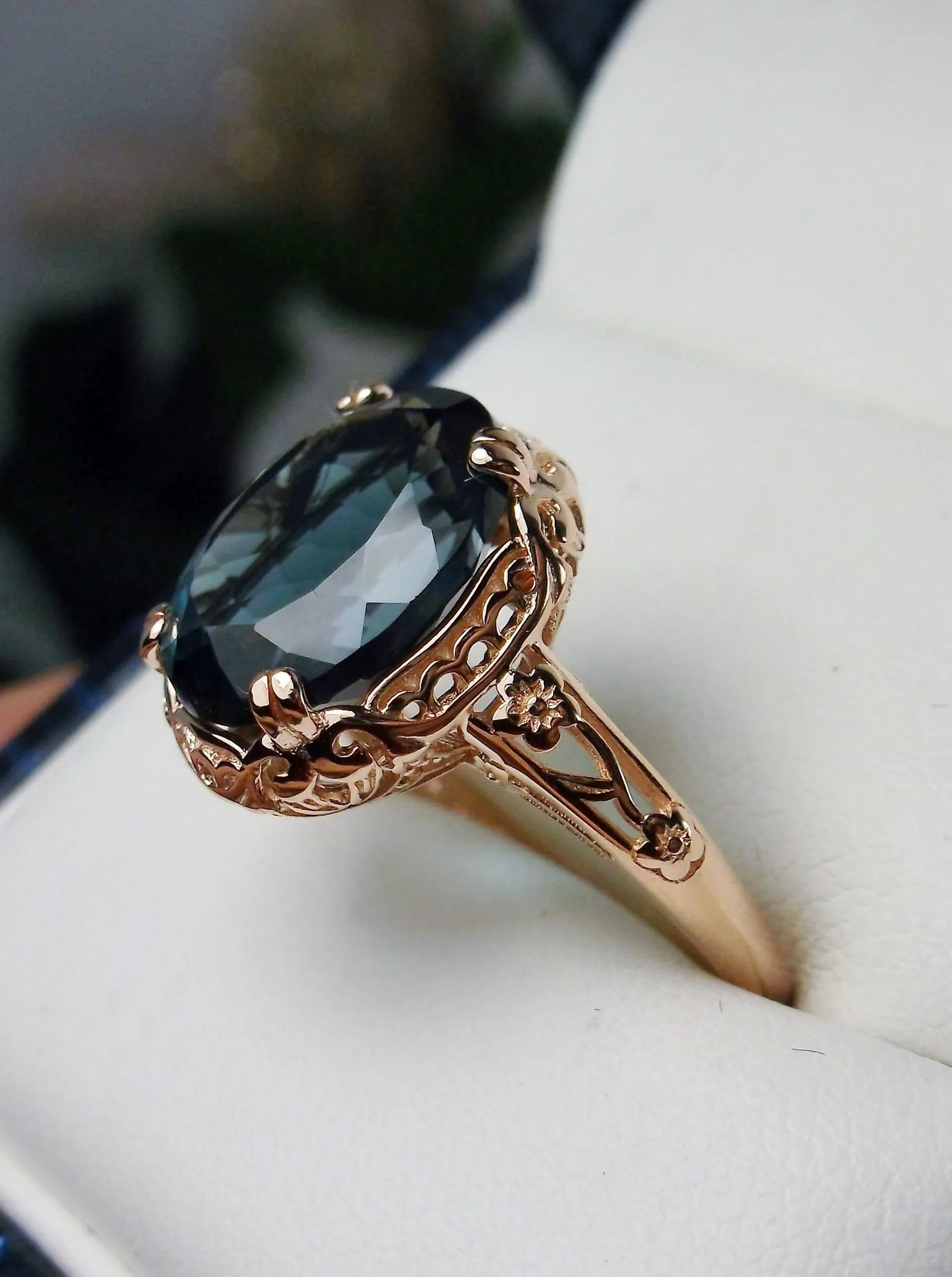 Natural London Blue Topaz Ring, Rose Gold plated, Natural Topaz, Edwardian Jewelry #D70z