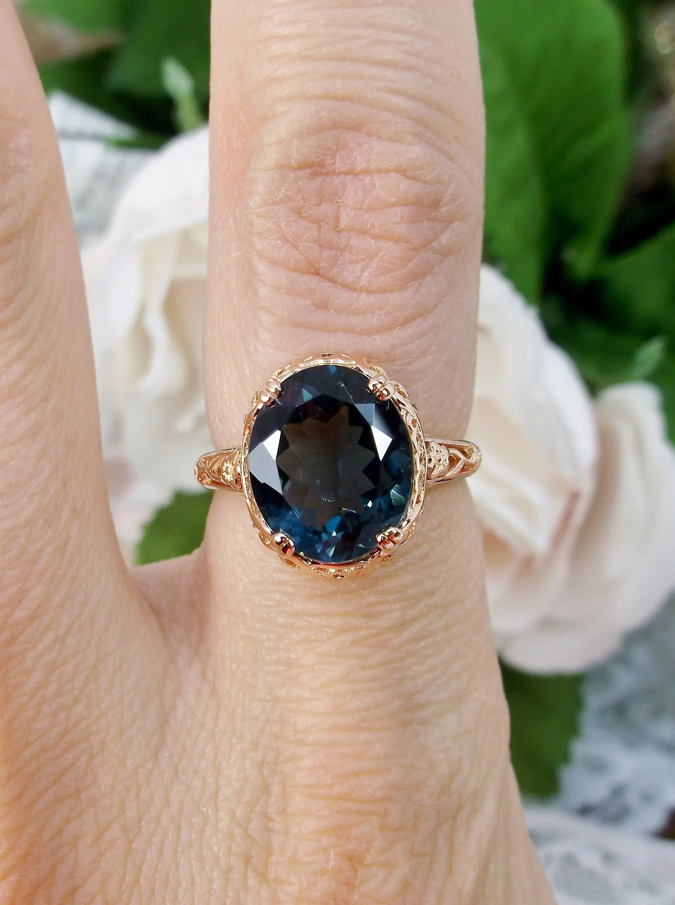 Natural London Blue Topaz Ring, Rose Gold plated, Natural Topaz, Edwardian Jewelry #D70z