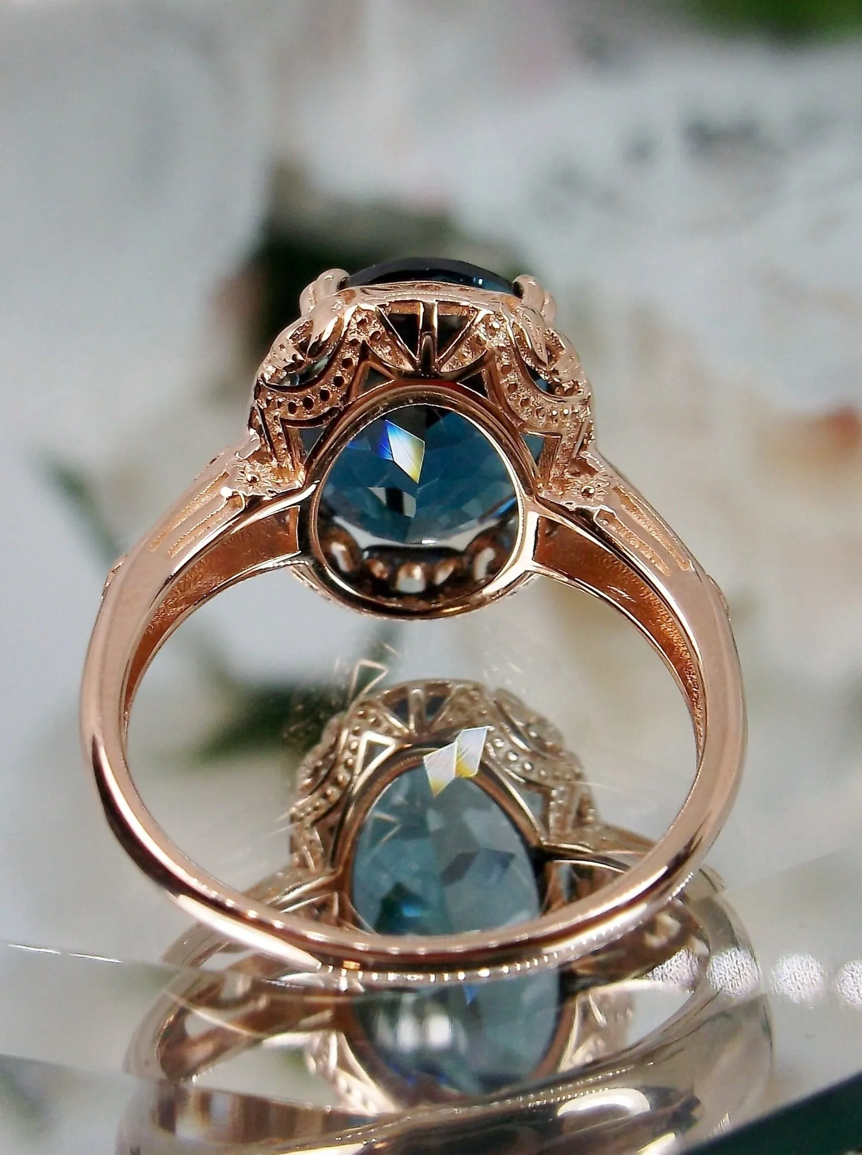 Natural London Blue Topaz Ring, Rose Gold plated, Natural Topaz, Edwardian Jewelry #D70z