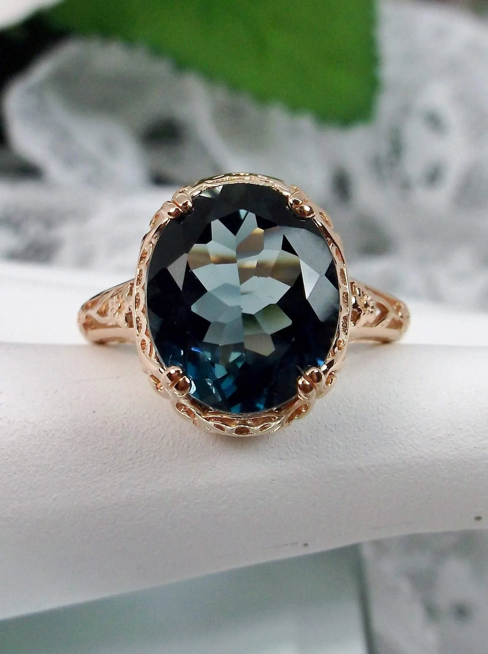Natural London Blue Topaz Ring, Rose Gold plated, Natural Topaz, Edwardian Jewelry #D70z