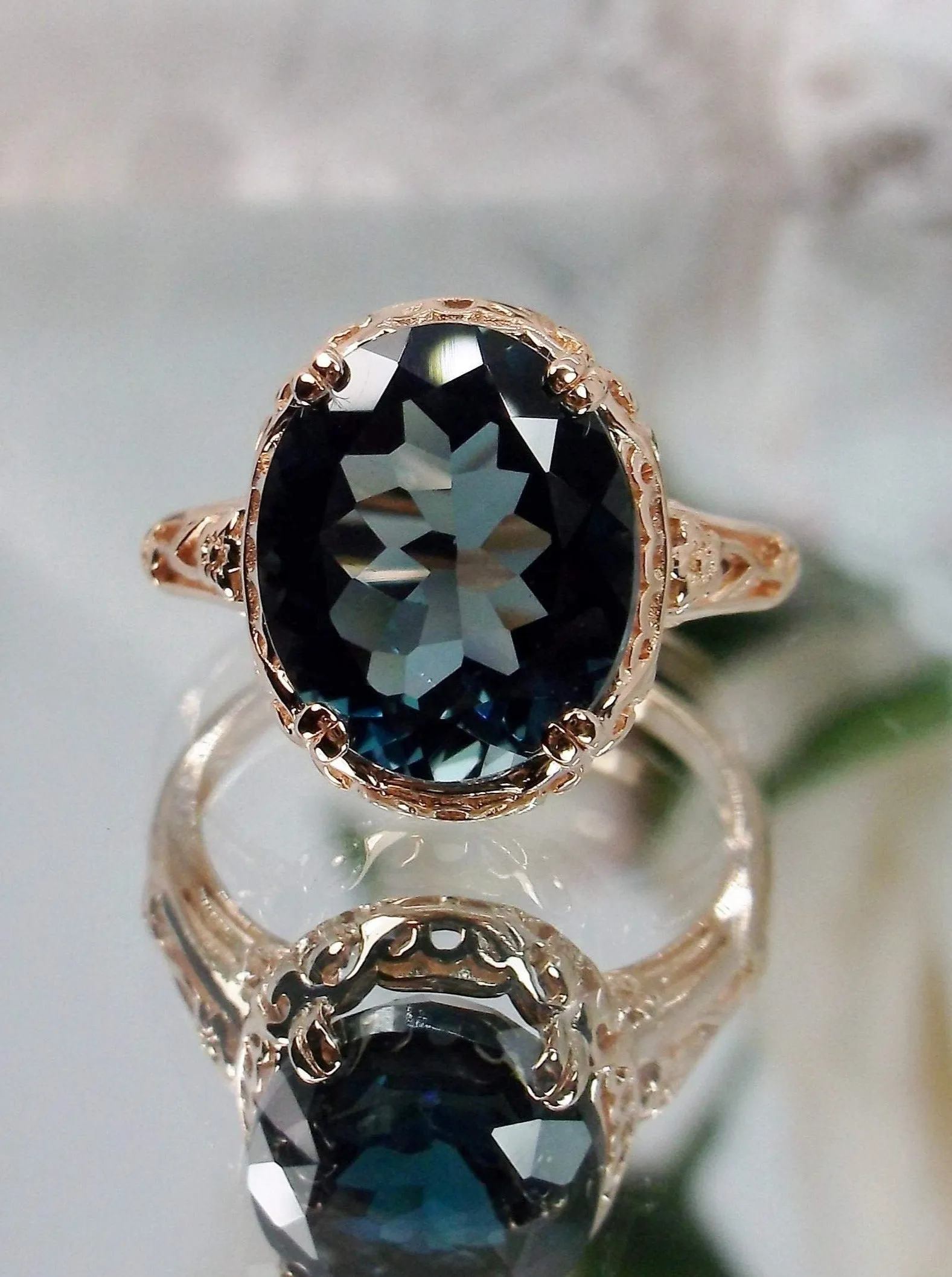 Natural London Blue Topaz Ring, Rose Gold plated, Natural Topaz, Edwardian Jewelry #D70z