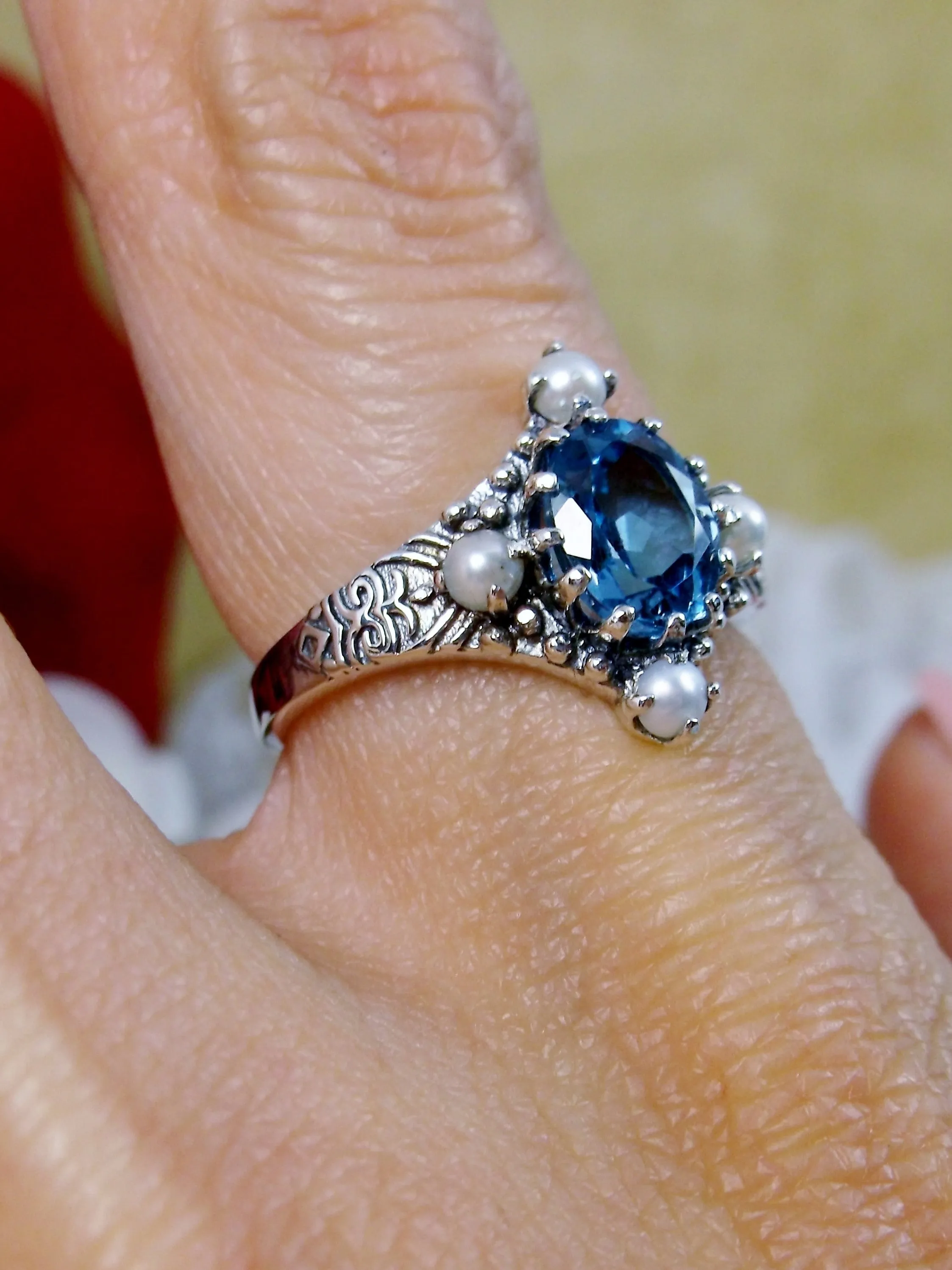 Natural London Blue Topaz Ring, Victorian Filigree Jewelry #D24