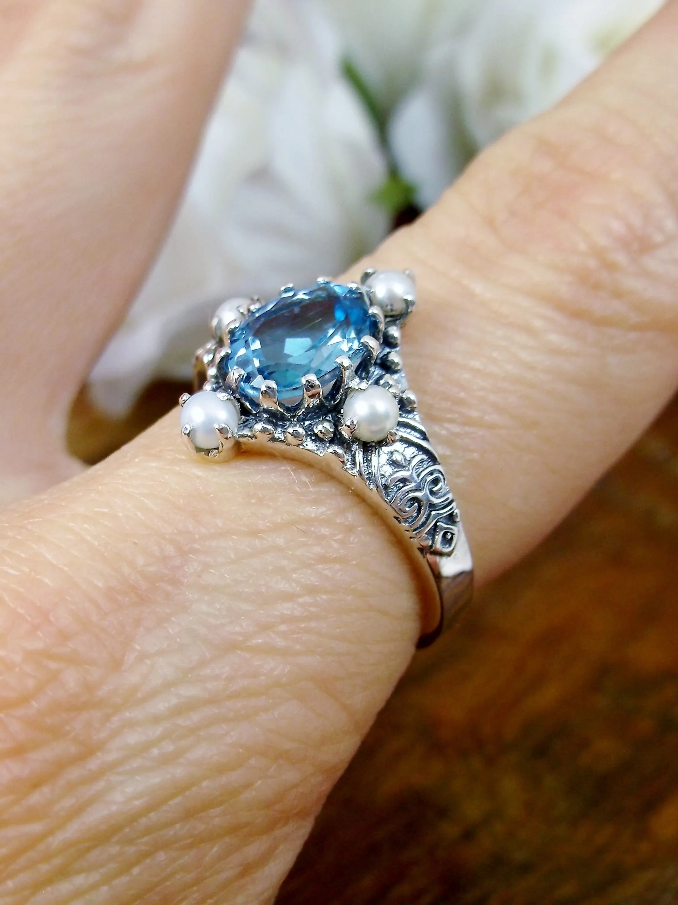 Natural London Blue Topaz Ring, Victorian Filigree Jewelry #D24