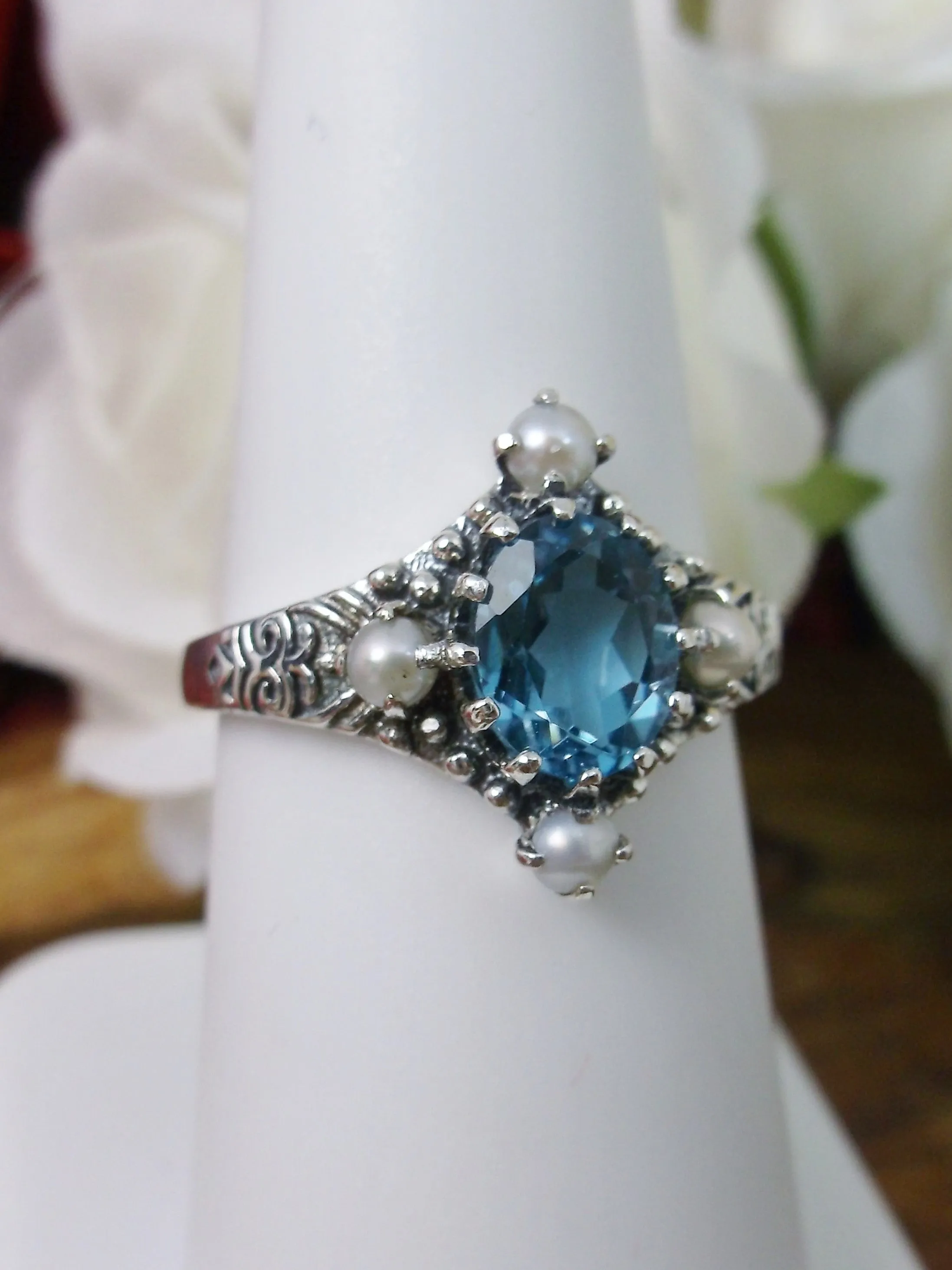 Natural London Blue Topaz Ring, Victorian Filigree Jewelry #D24