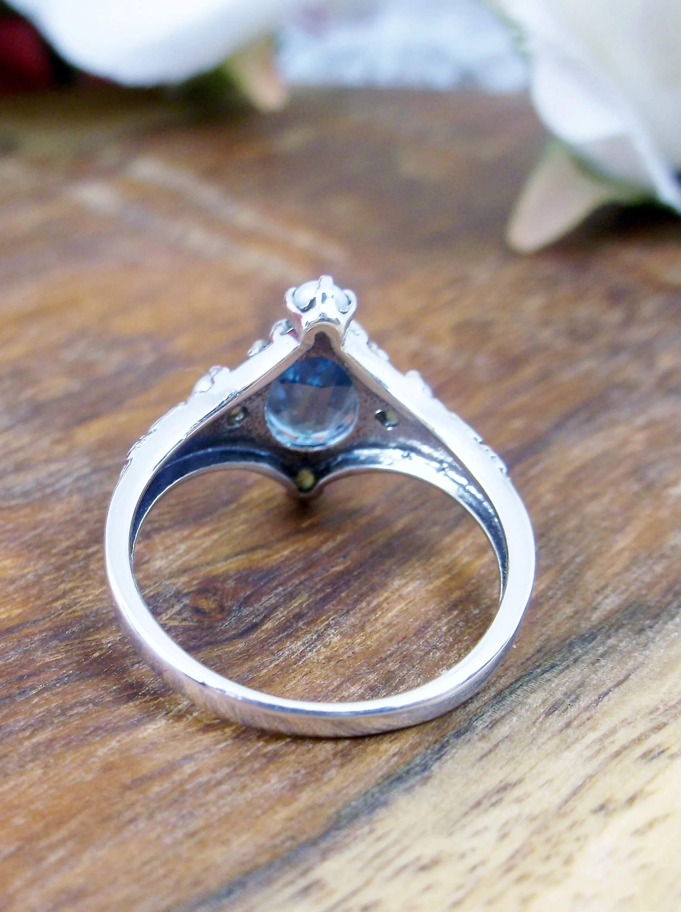 Natural London Blue Topaz Ring, Victorian Filigree Jewelry #D24