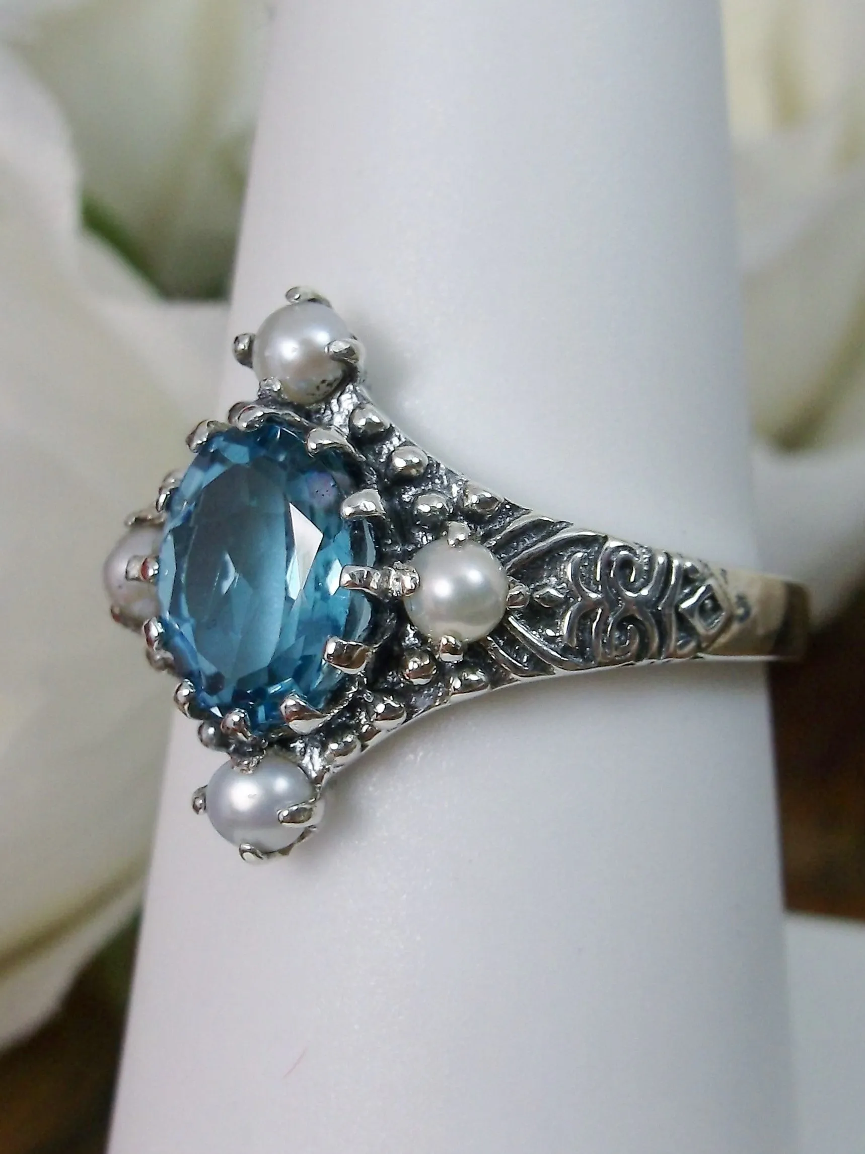 Natural London Blue Topaz Ring, Victorian Filigree Jewelry #D24