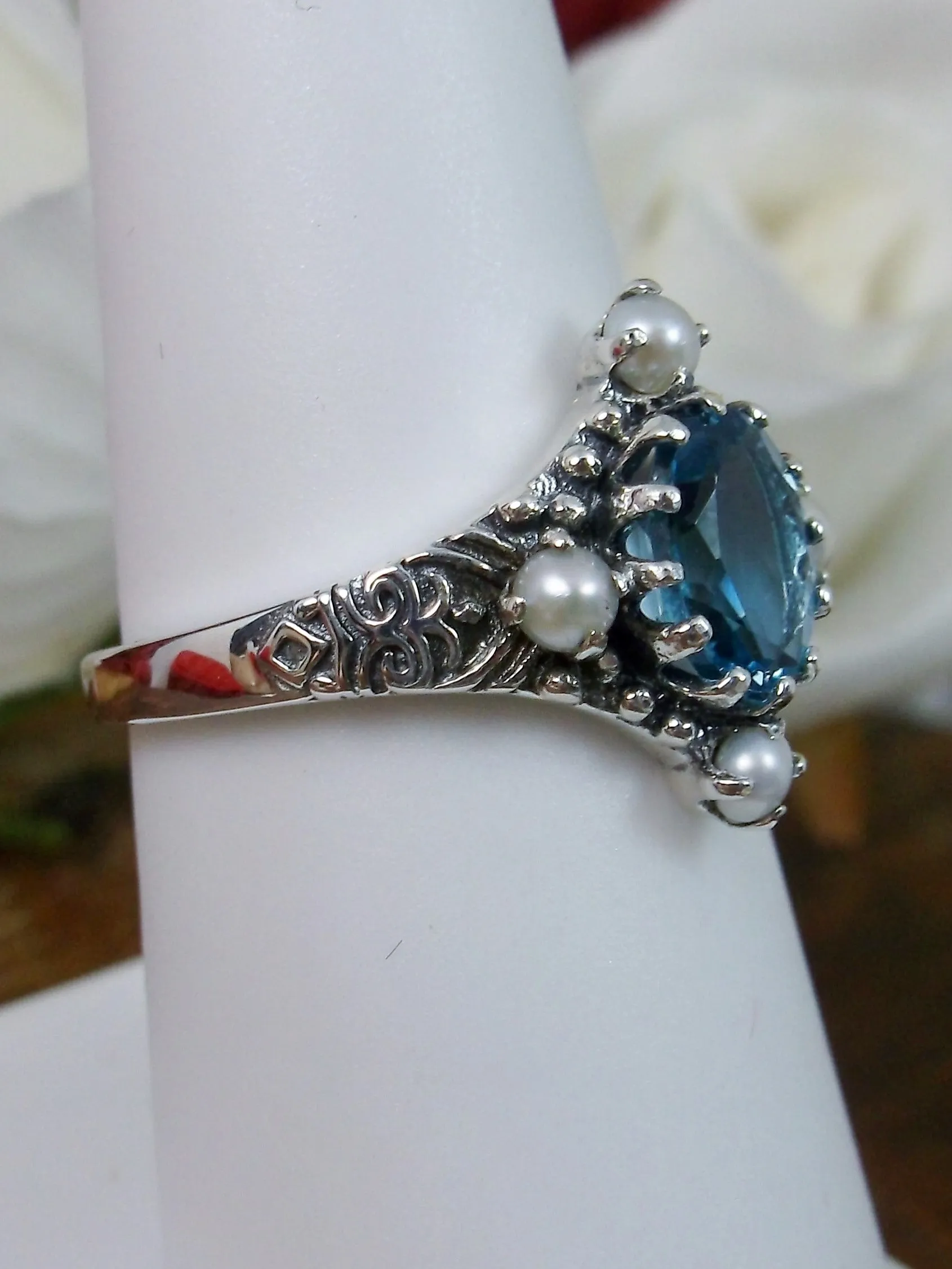 Natural London Blue Topaz Ring, Victorian Filigree Jewelry #D24