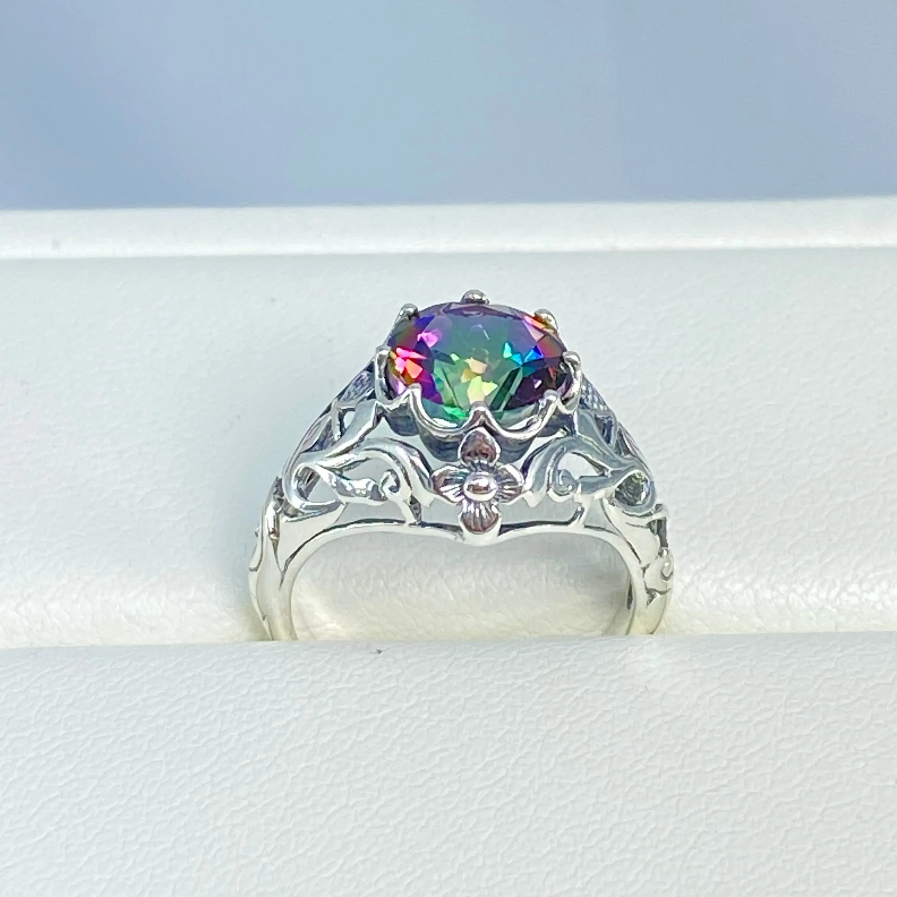 Natural Mystic Topaz Ring, Daisy Filigree, Victorian Jewelry #D66