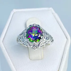 Natural Mystic Topaz Ring, Daisy Filigree, Victorian Jewelry #D66