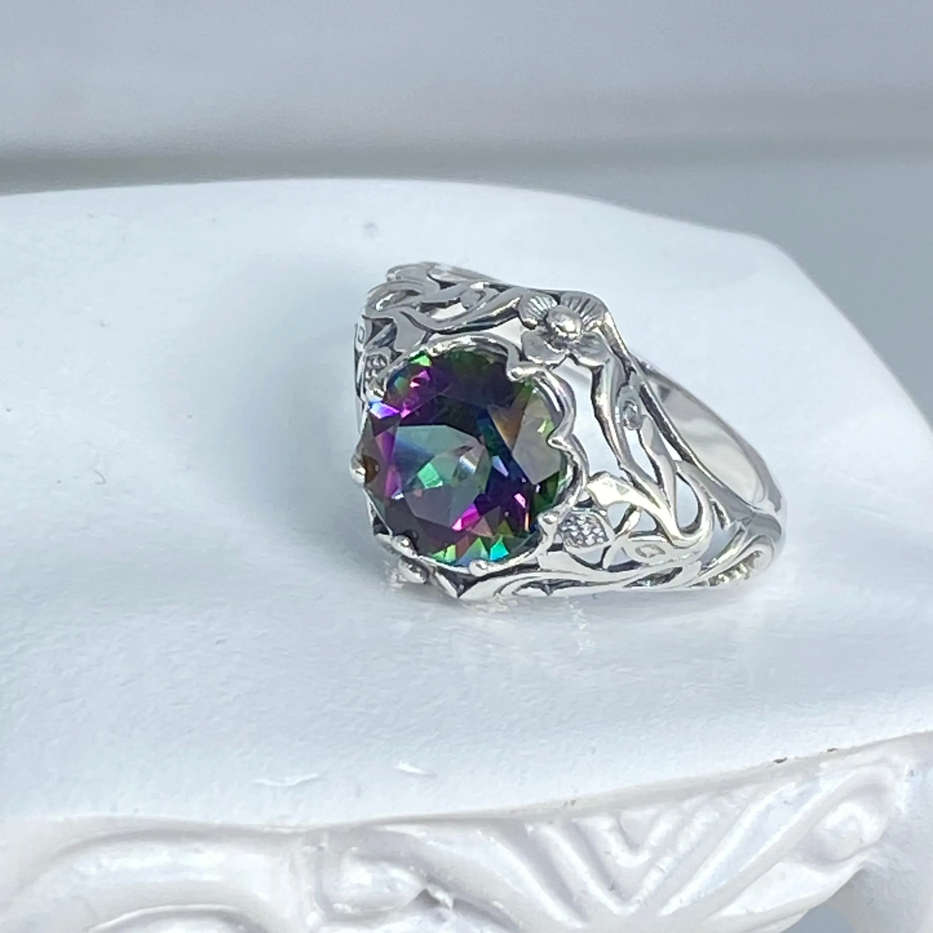 Natural Mystic Topaz Ring, Daisy Filigree, Victorian Jewelry #D66