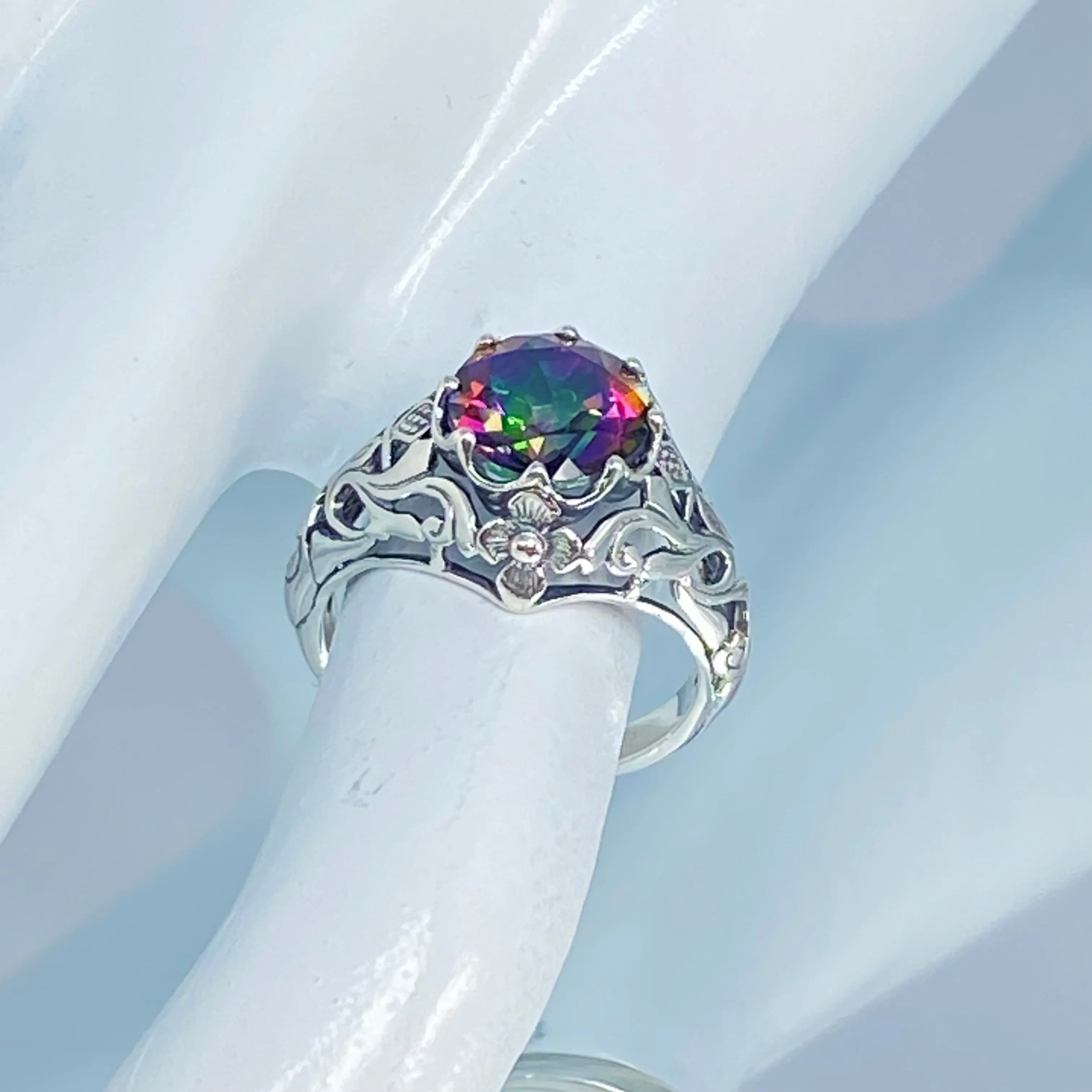 Natural Mystic Topaz Ring, Daisy Filigree, Victorian Jewelry #D66