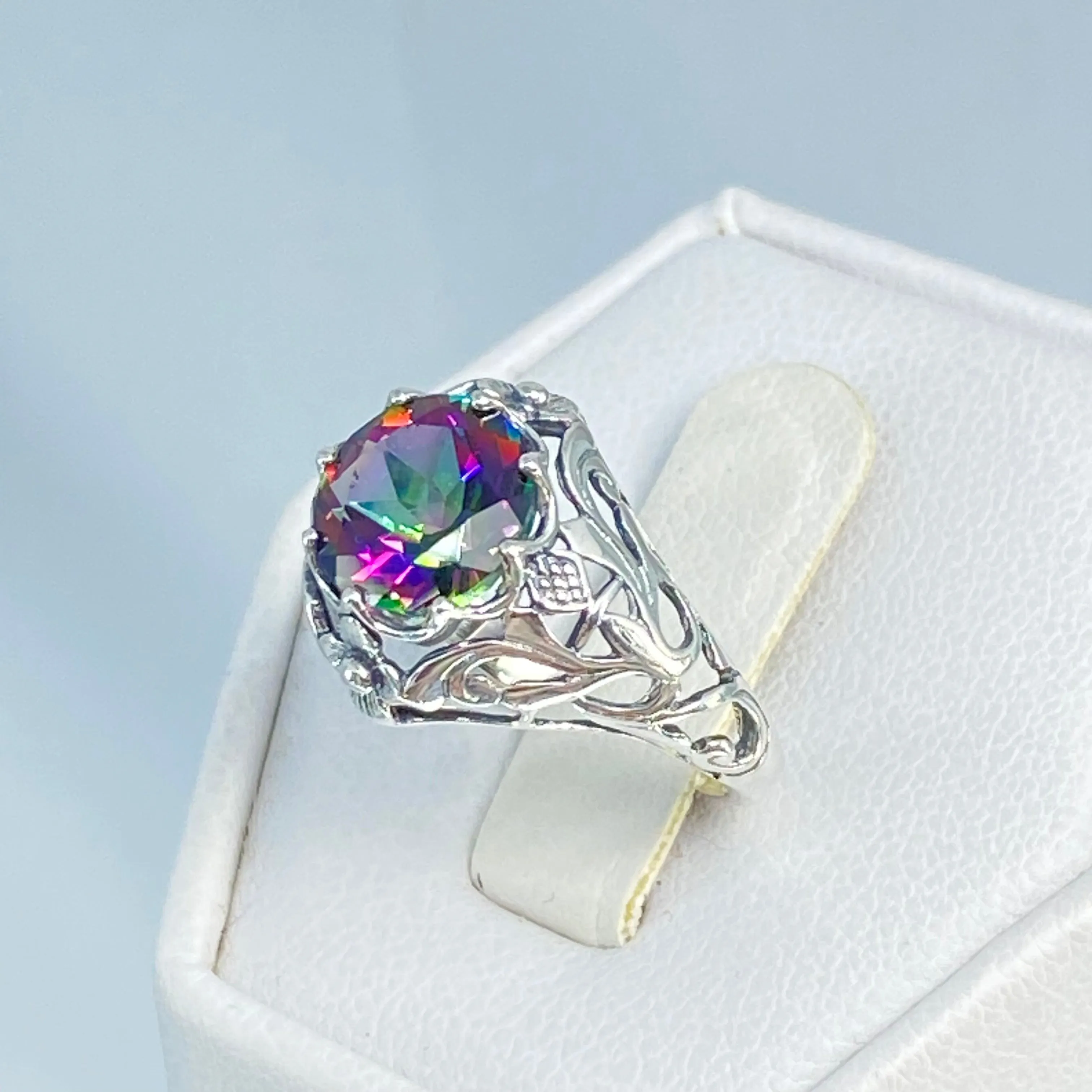 Natural Mystic Topaz Ring, Daisy Filigree, Victorian Jewelry #D66