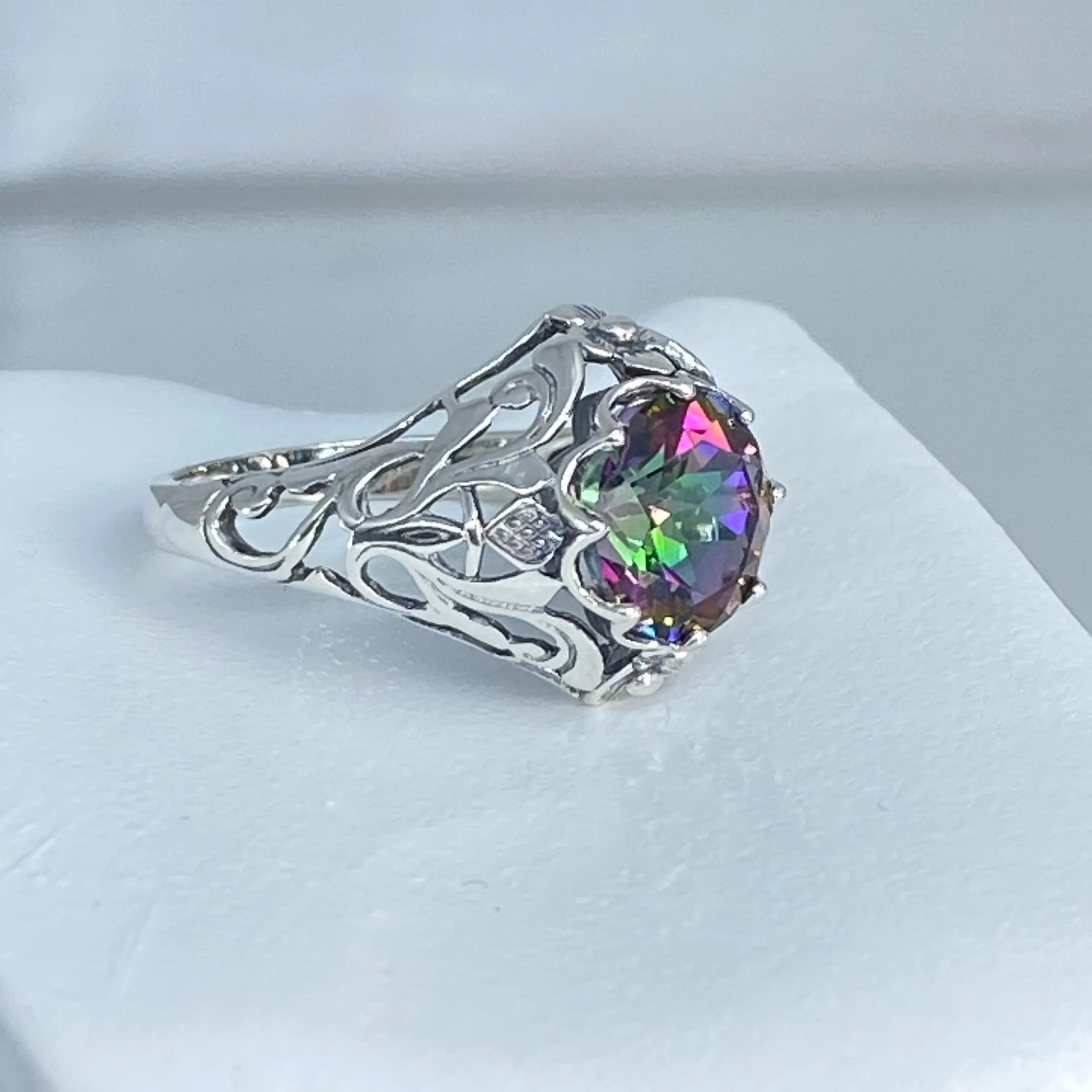 Natural Mystic Topaz Ring, Daisy Filigree, Victorian Jewelry #D66