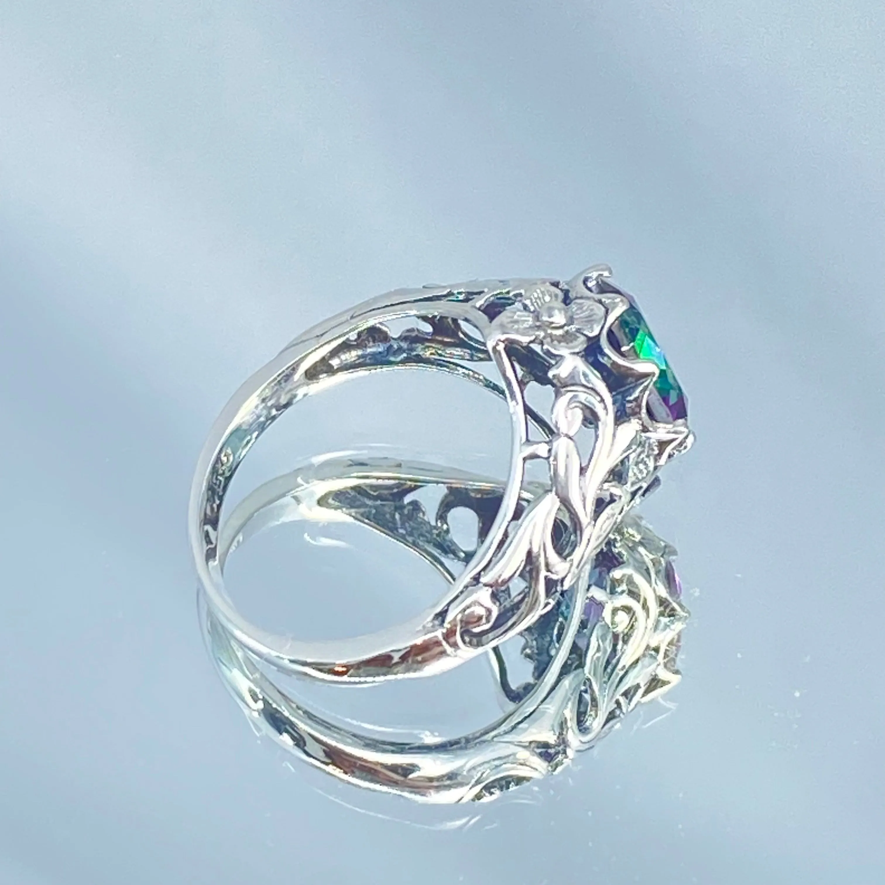 Natural Mystic Topaz Ring, Daisy Filigree, Victorian Jewelry #D66
