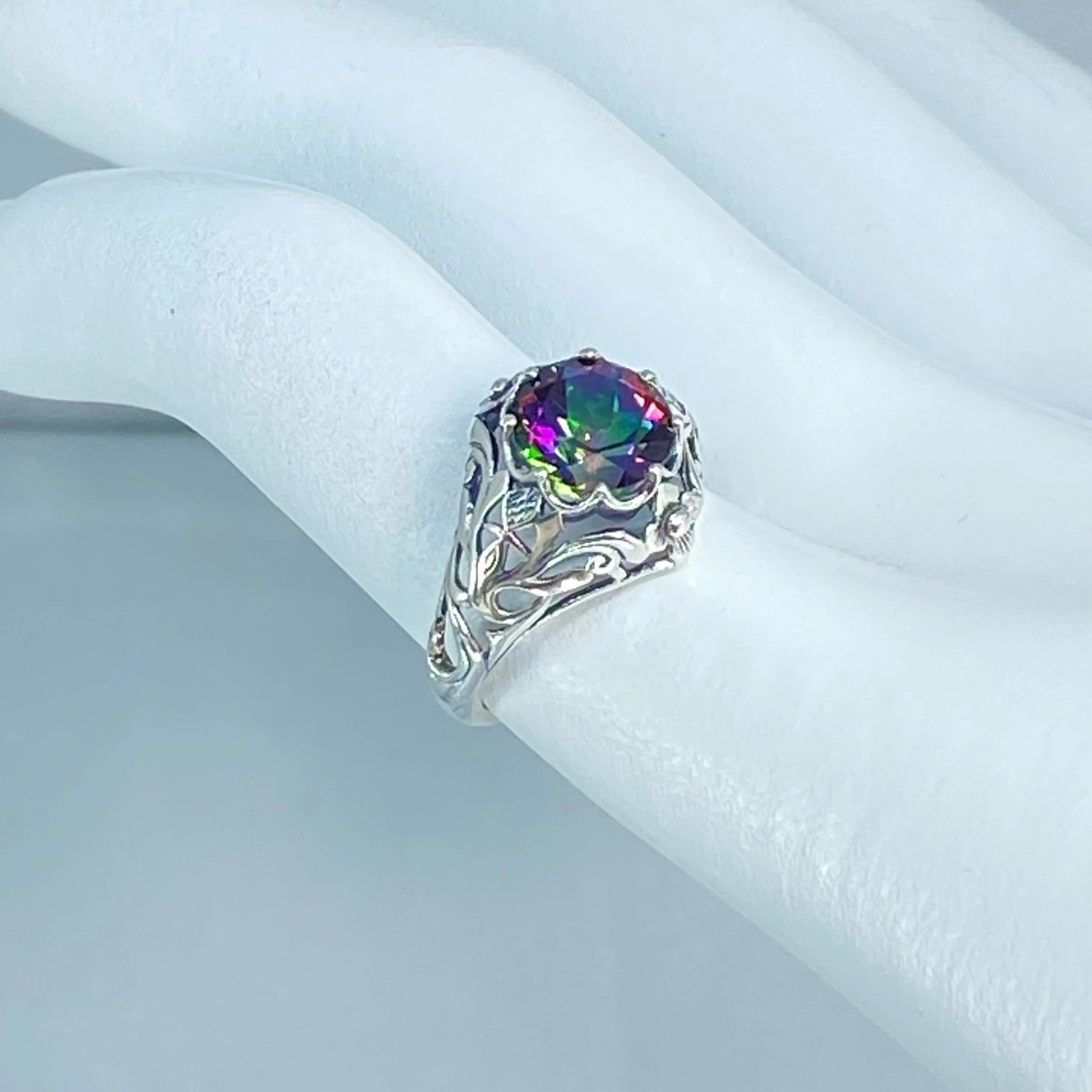 Natural Mystic Topaz Ring, Daisy Filigree, Victorian Jewelry #D66
