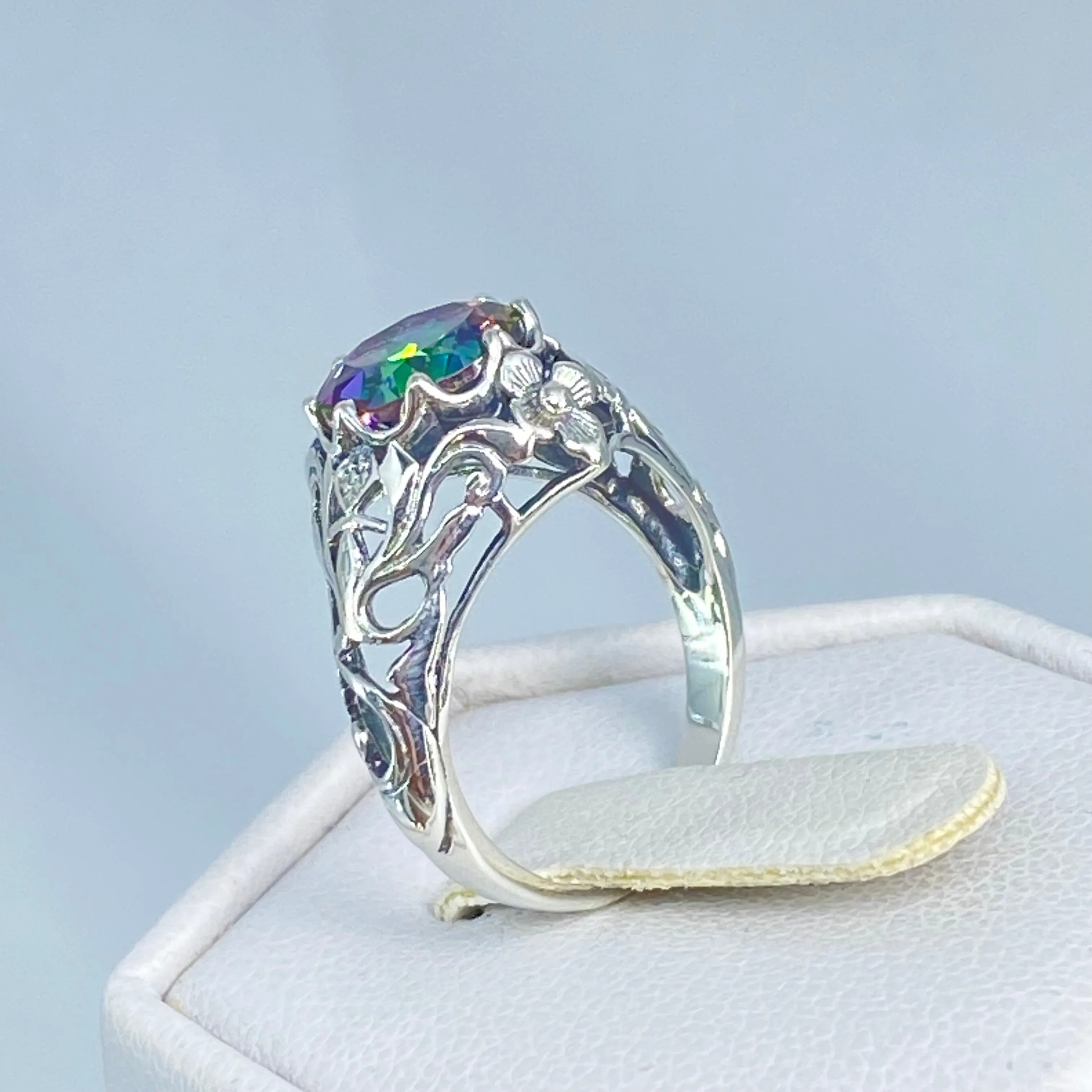 Natural Mystic Topaz Ring, Daisy Filigree, Victorian Jewelry #D66