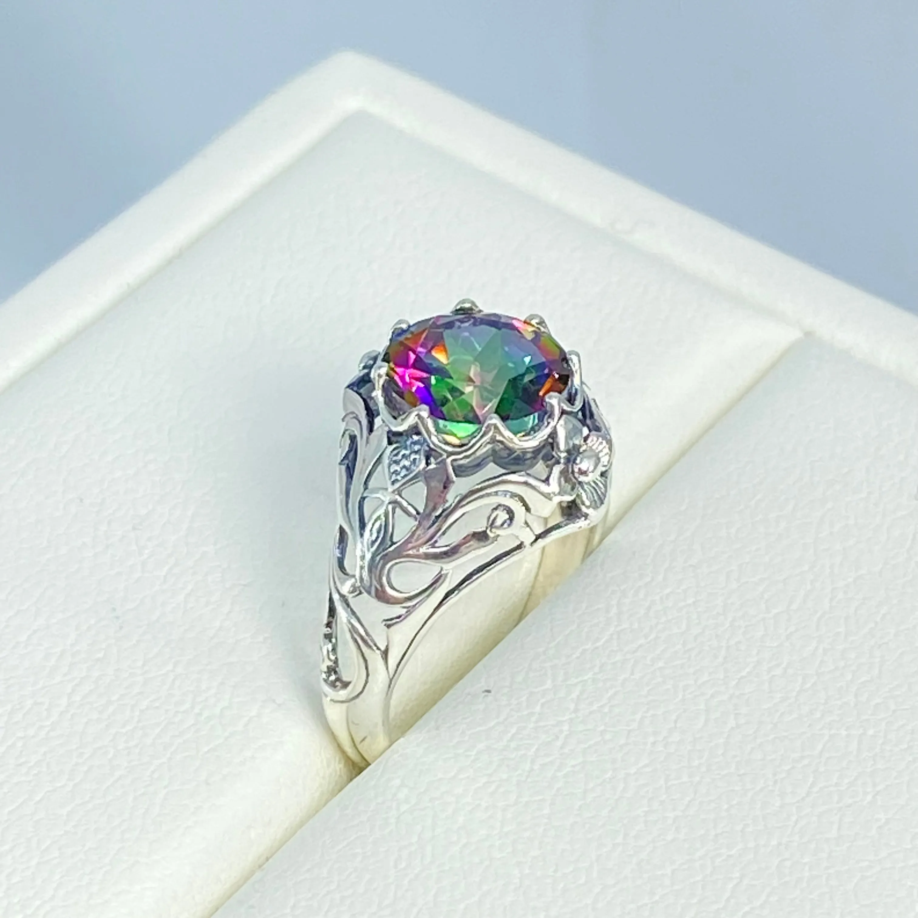 Natural Mystic Topaz Ring, Daisy Filigree, Victorian Jewelry #D66