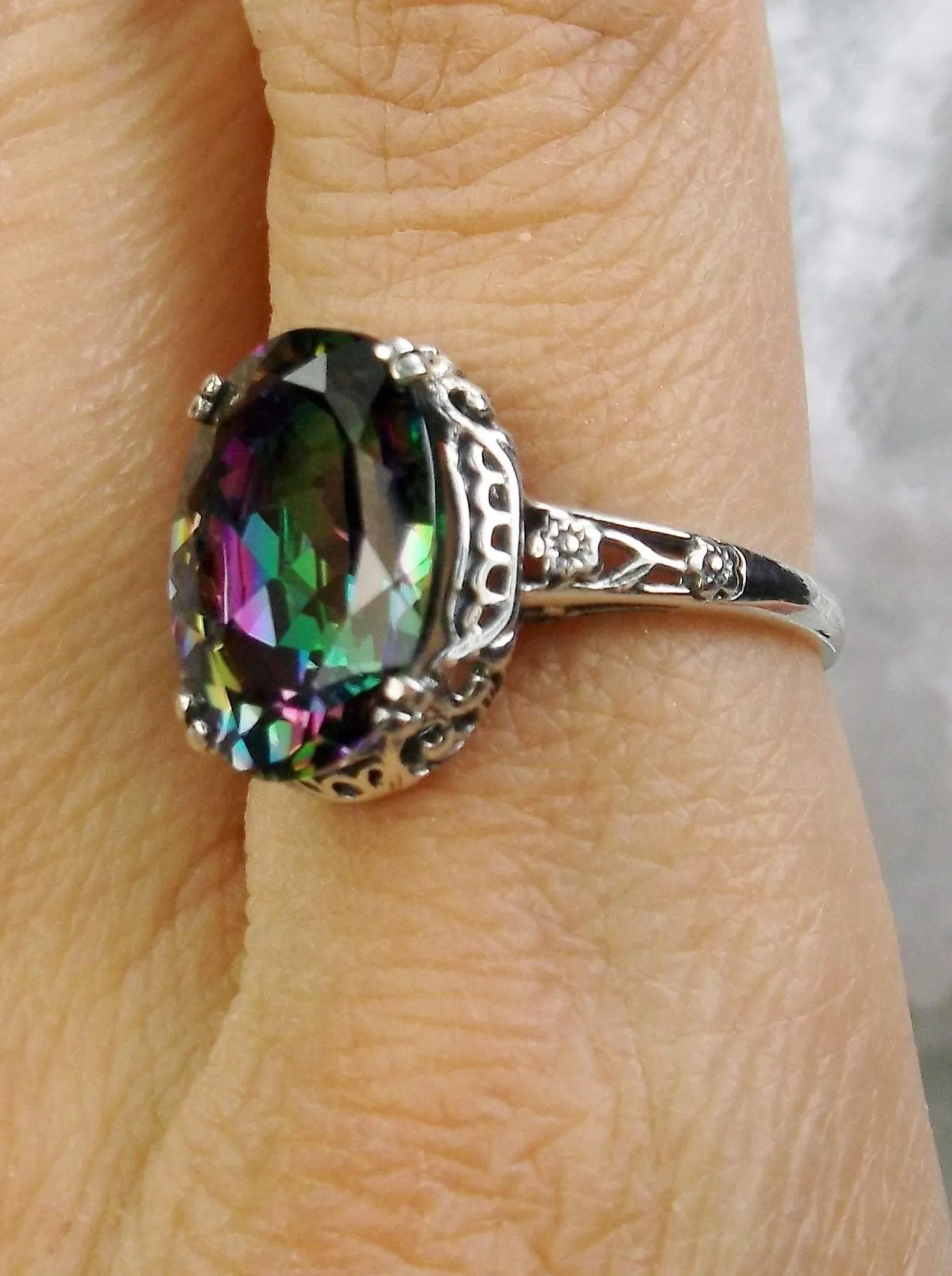 Natural Mystic Topaz Ring, Edwardian Revival Jewelry #D70