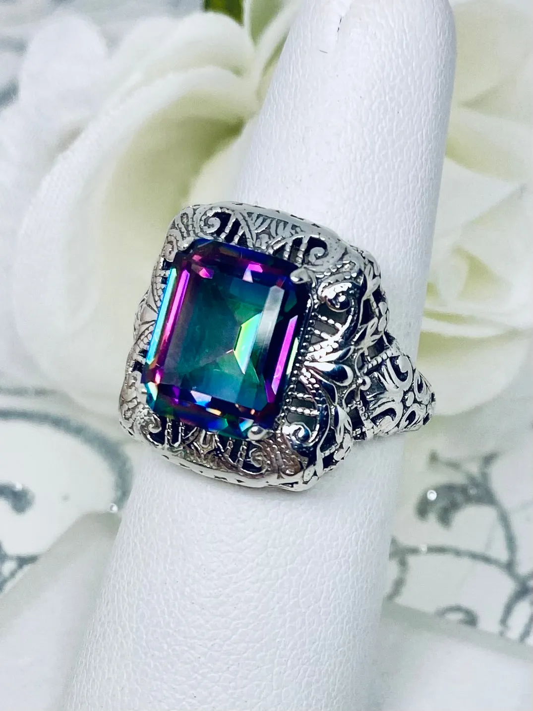 Natural Mystic Topaz Ring, Intricate Victorian Jewelry #D149