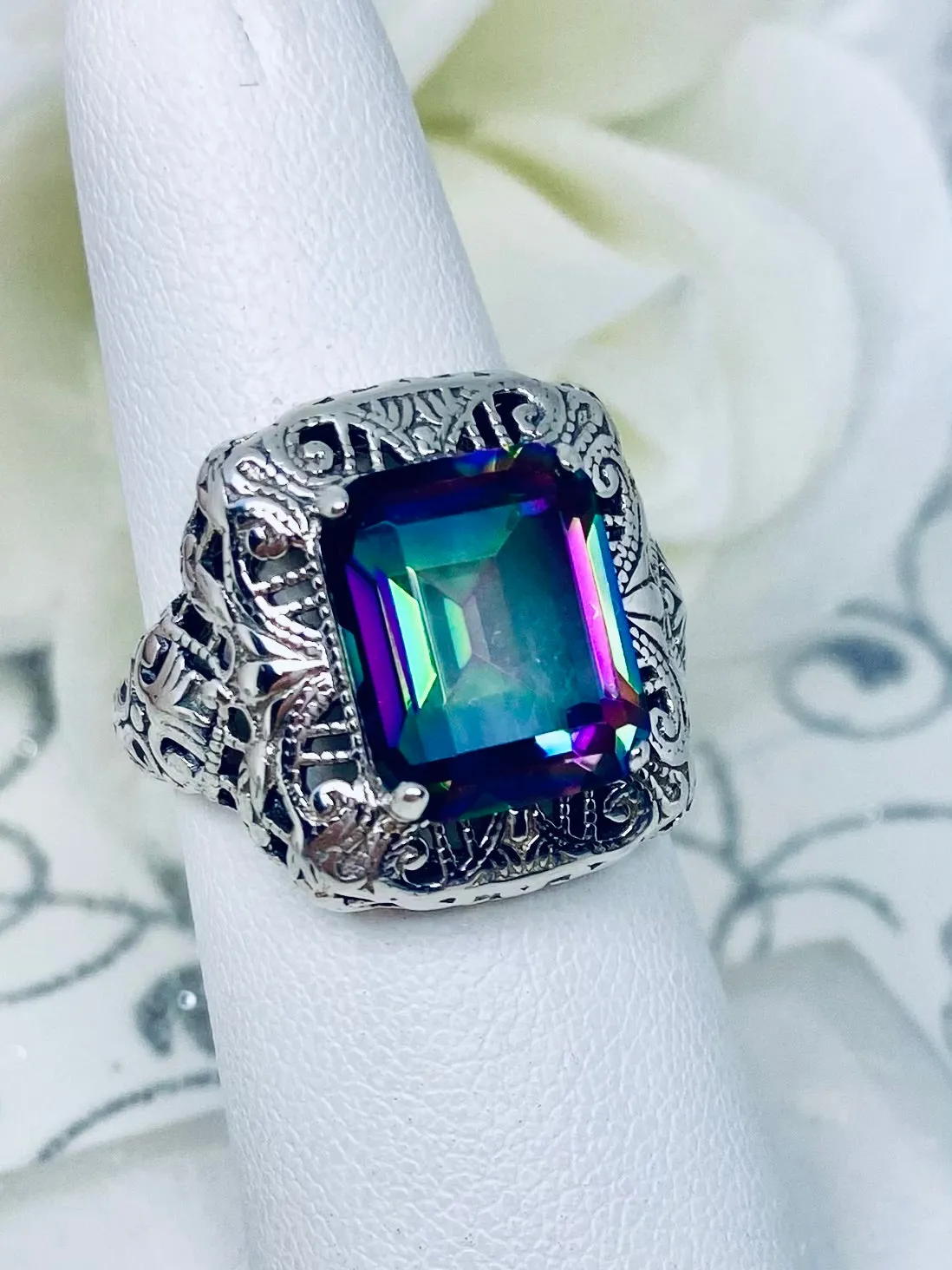 Natural Mystic Topaz Ring, Intricate Victorian Jewelry #D149