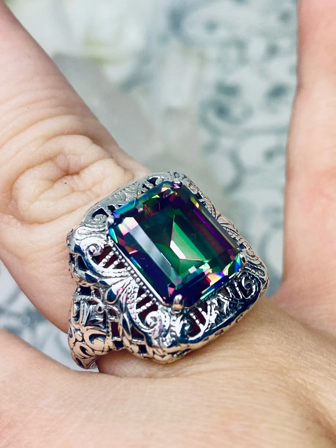 Natural Mystic Topaz Ring, Intricate Victorian Jewelry #D149