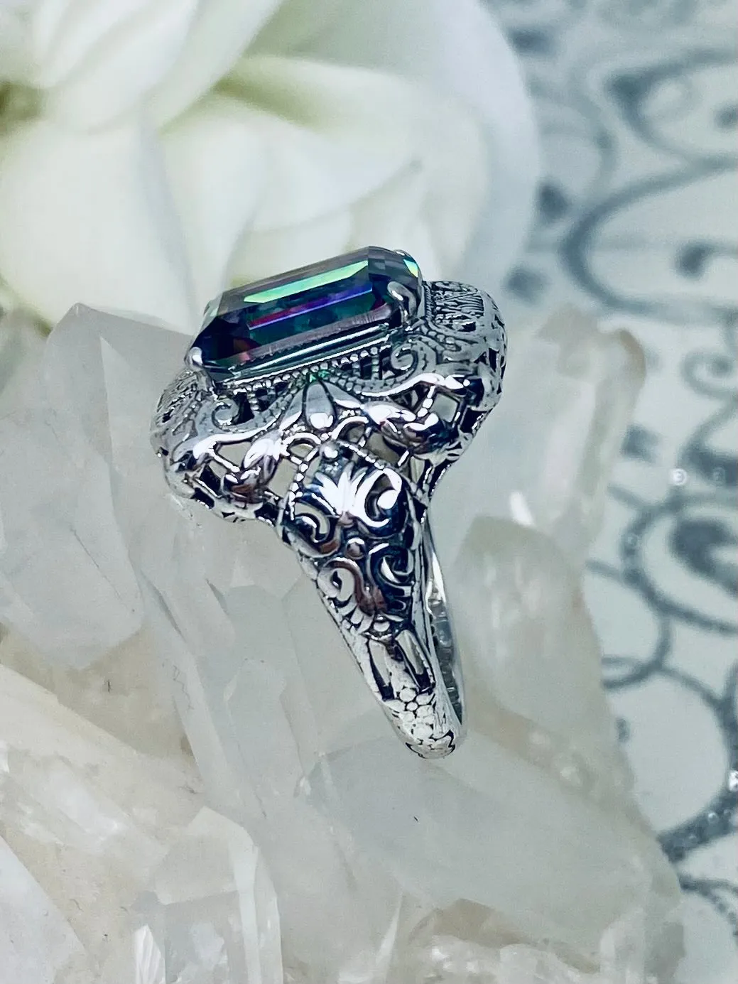 Natural Mystic Topaz Ring, Intricate Victorian Jewelry #D149