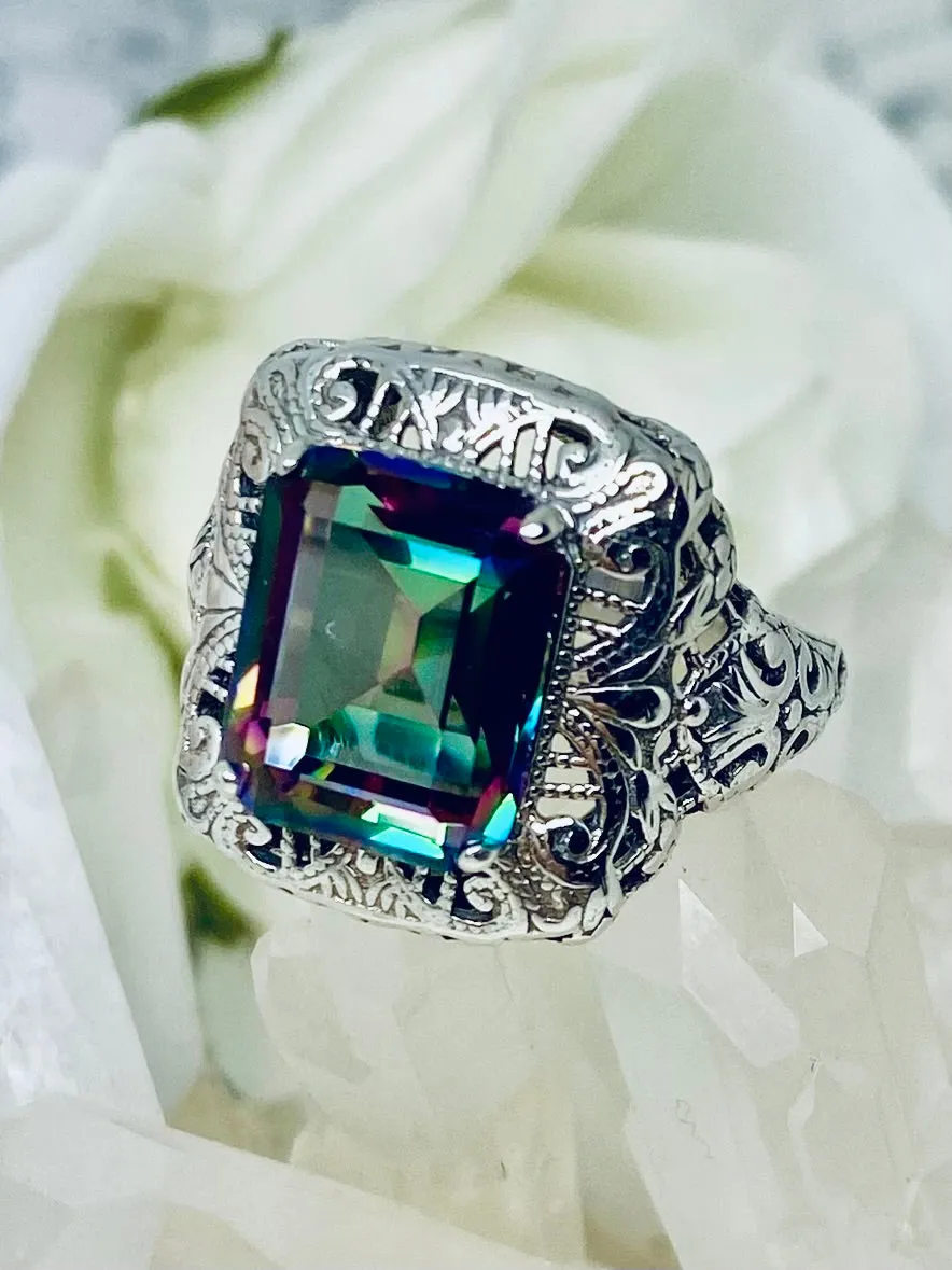 Natural Mystic Topaz Ring, Intricate Victorian Jewelry #D149