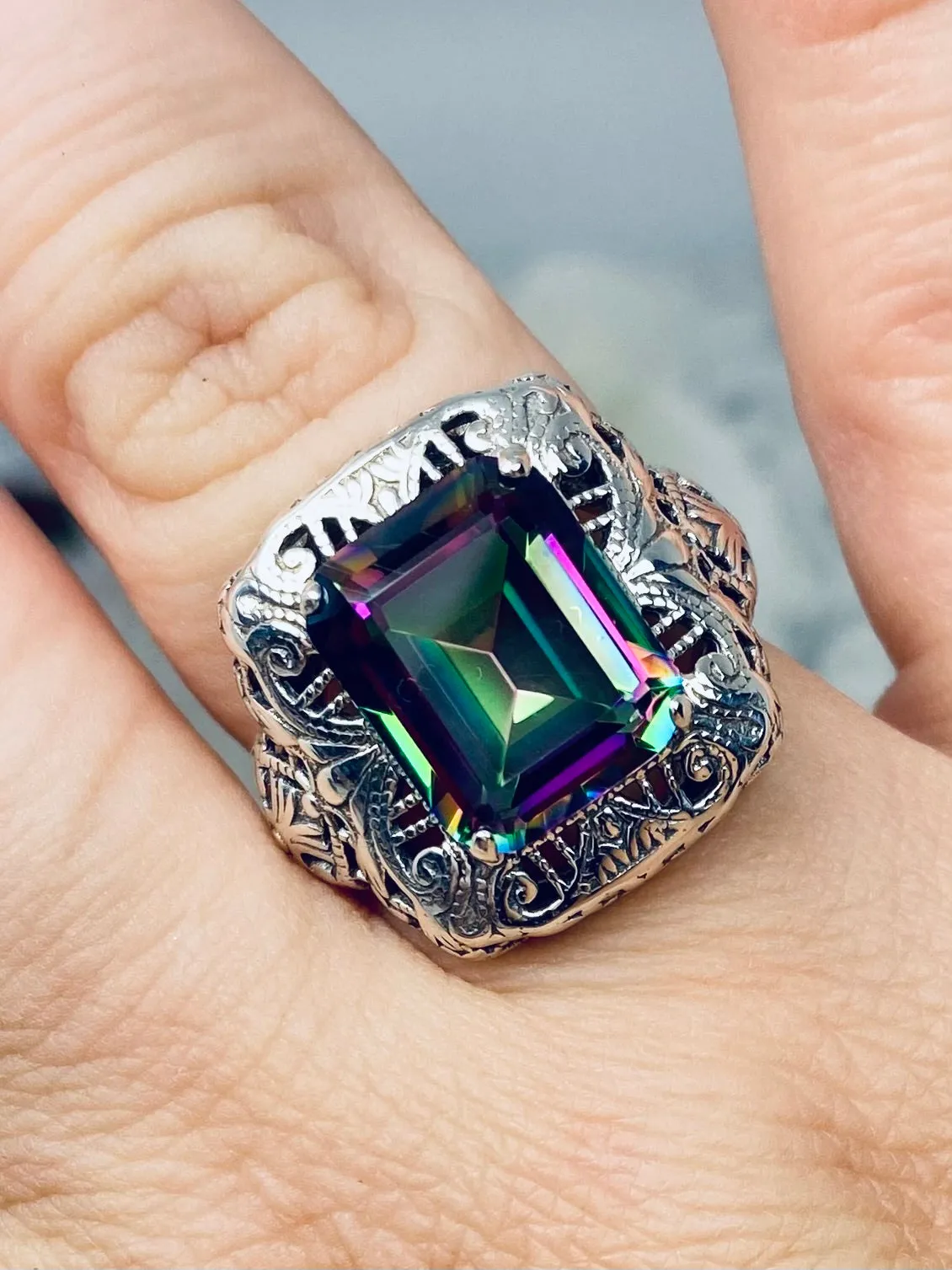 Natural Mystic Topaz Ring, Intricate Victorian Jewelry #D149