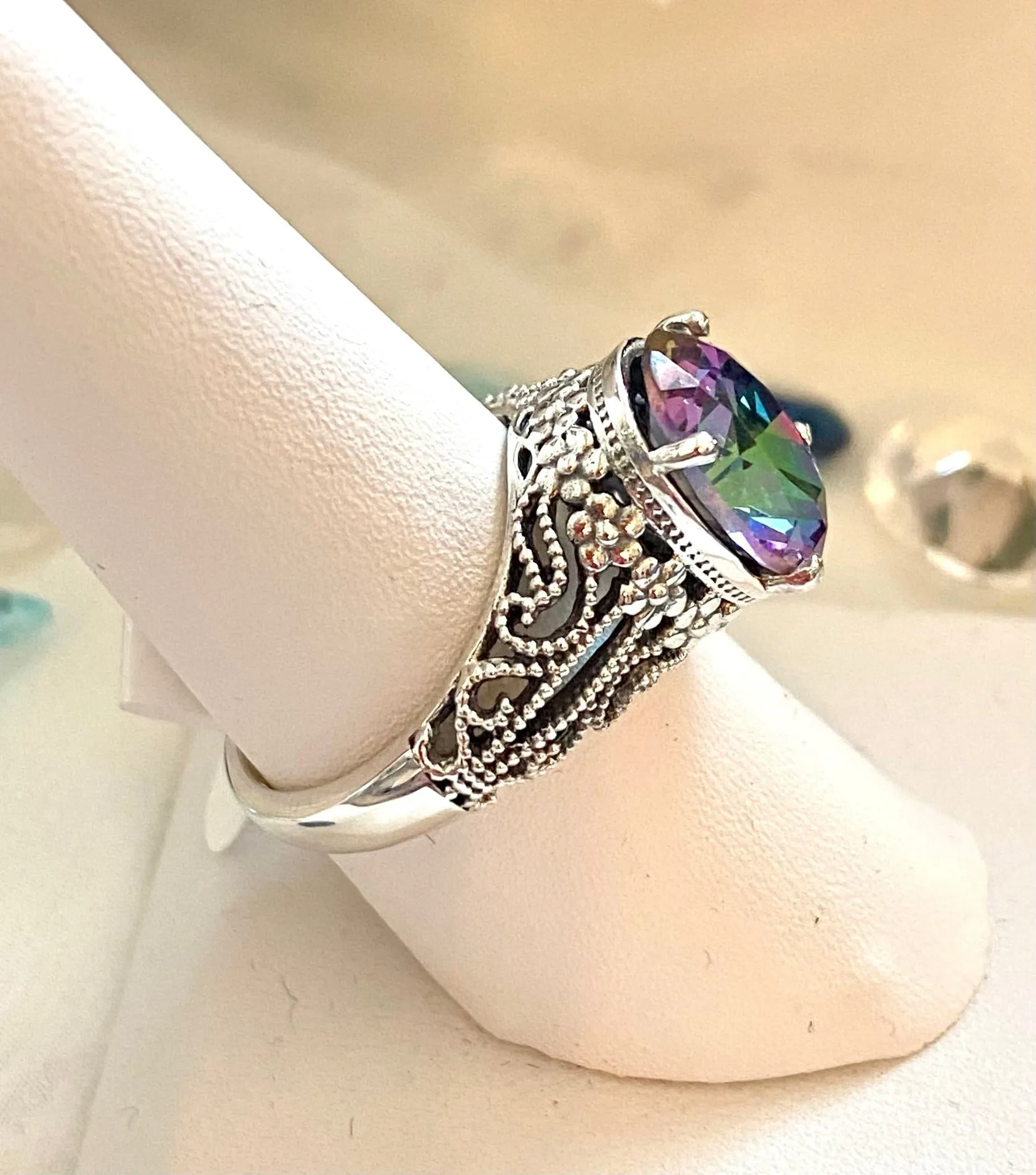 Natural Mystic Topaz Ring, Oval Gemstone, Vintage Jewelry, Blossom Design D171
