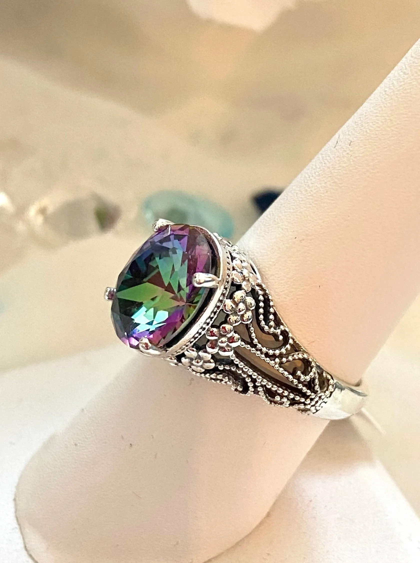 Natural Mystic Topaz Ring, Oval Gemstone, Vintage Jewelry, Blossom Design D171