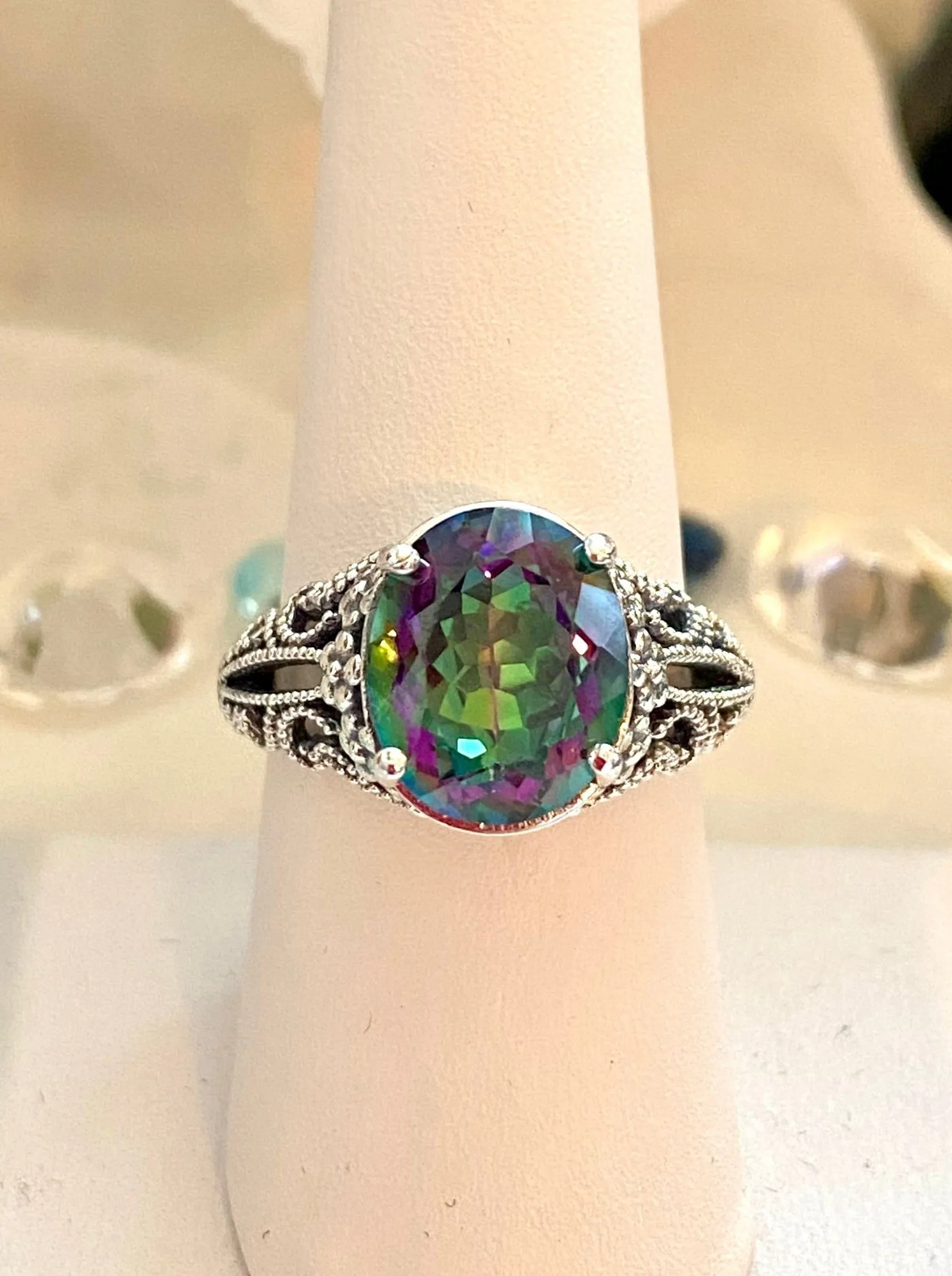 Natural Mystic Topaz Ring, Oval Gemstone, Vintage Jewelry, Blossom Design D171