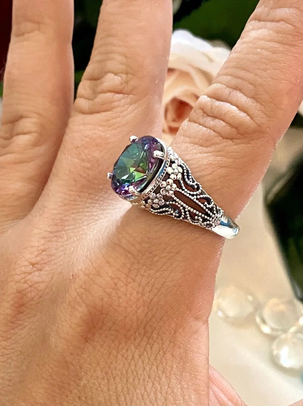 Natural Mystic Topaz Ring, Oval Gemstone, Vintage Jewelry, Blossom Design D171