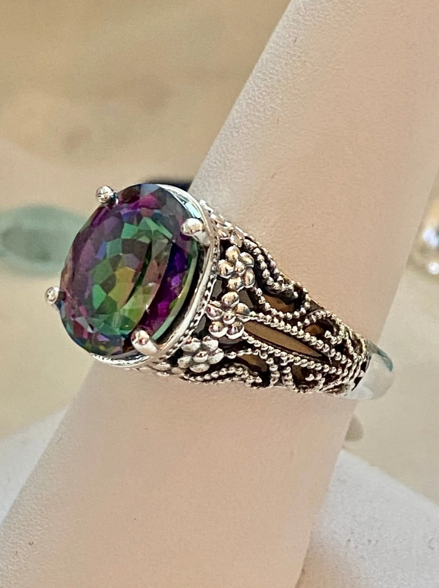 Natural Mystic Topaz Ring, Oval Gemstone, Vintage Jewelry, Blossom Design D171