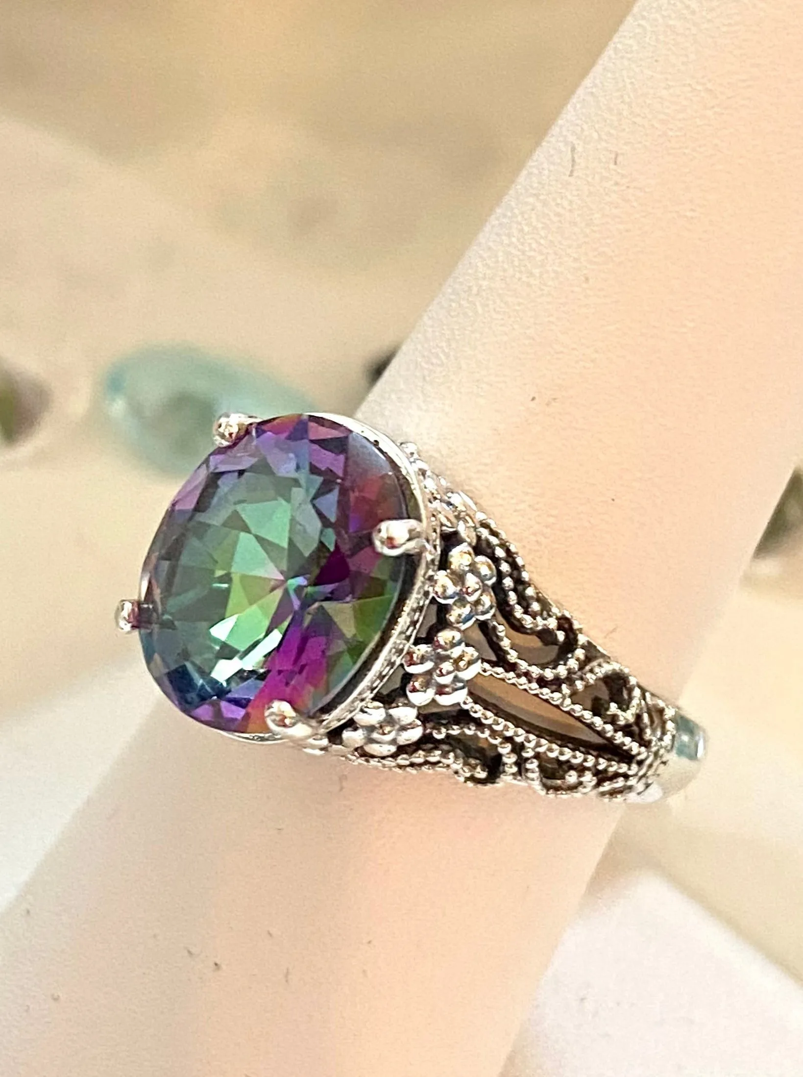 Natural Mystic Topaz Ring, Oval Gemstone, Vintage Jewelry, Blossom Design D171